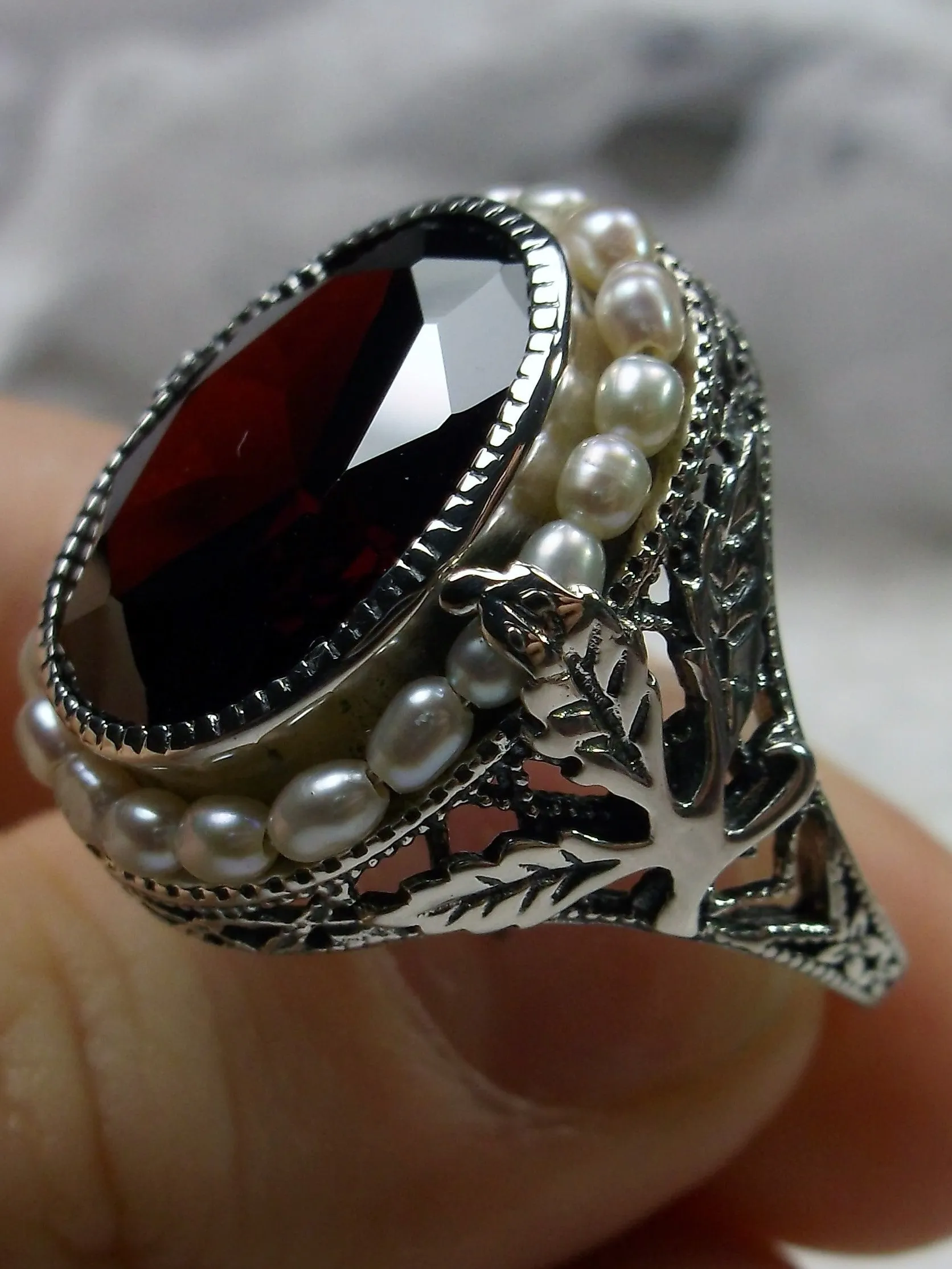 Garnet CZ Ring, Garden Leaf Silver Filigree, Victorian Jewelry #D156