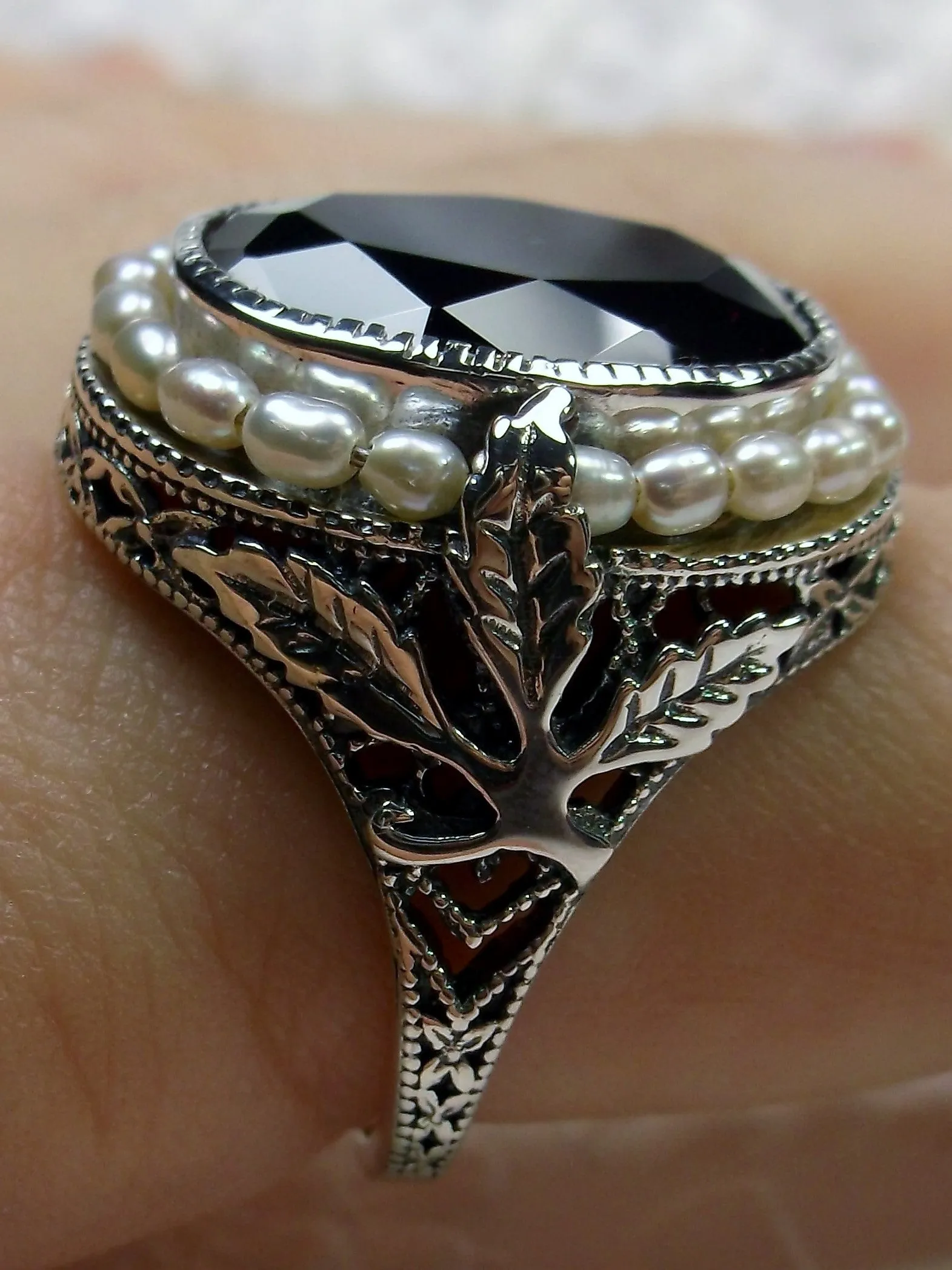 Garnet CZ Ring, Garden Leaf Silver Filigree, Victorian Jewelry #D156