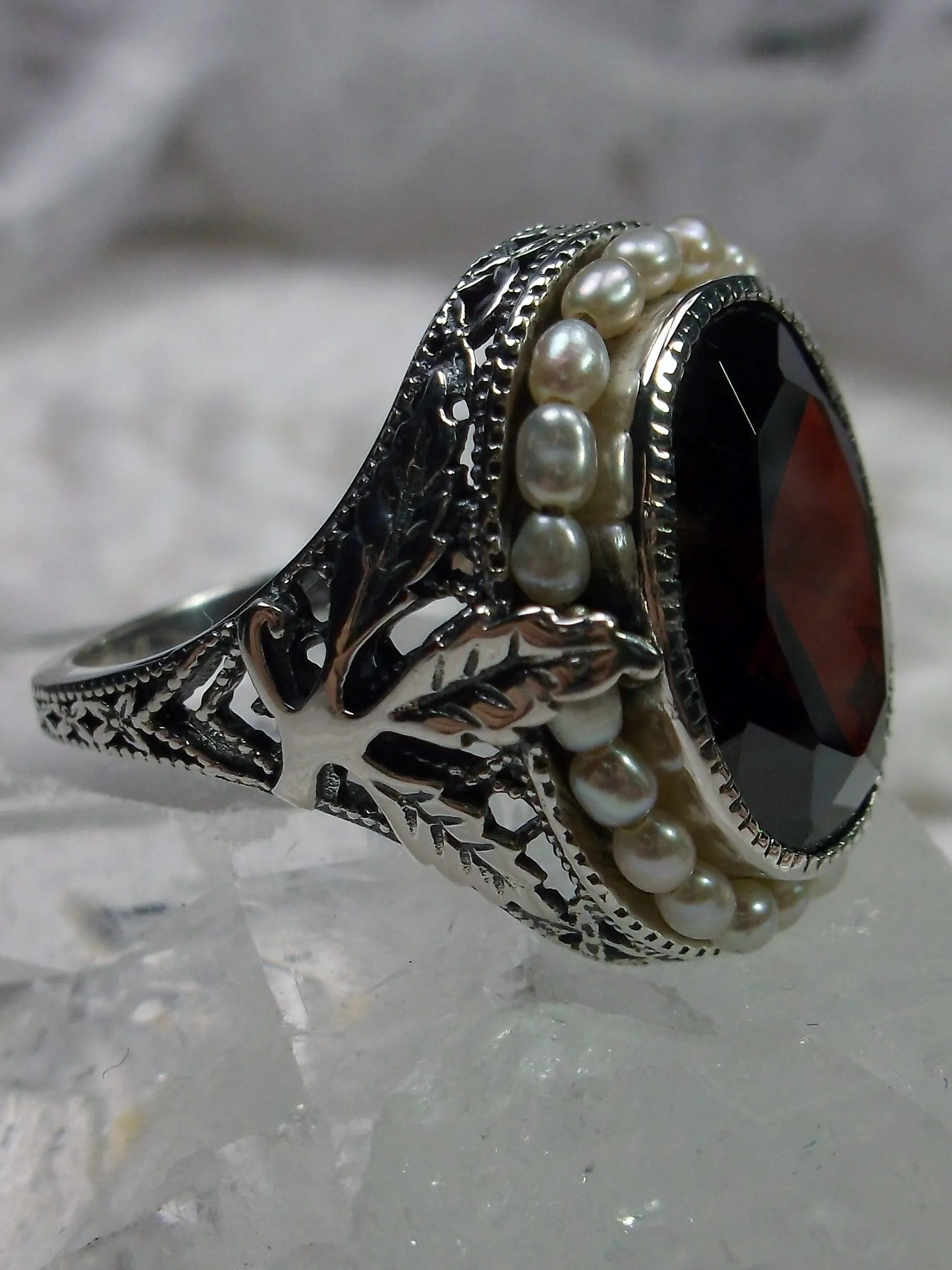 Garnet CZ Ring, Garden Leaf Silver Filigree, Victorian Jewelry #D156