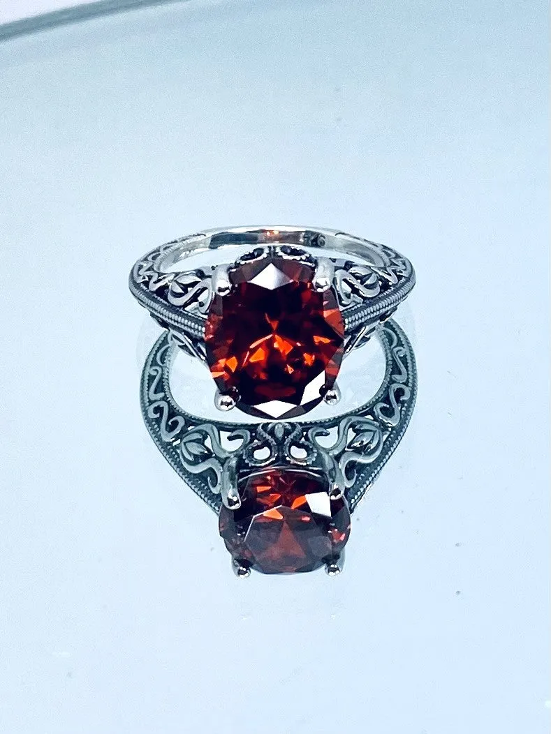 Garnet CZ Ring, Swan Filigree, Art Deco Jewelry #D190