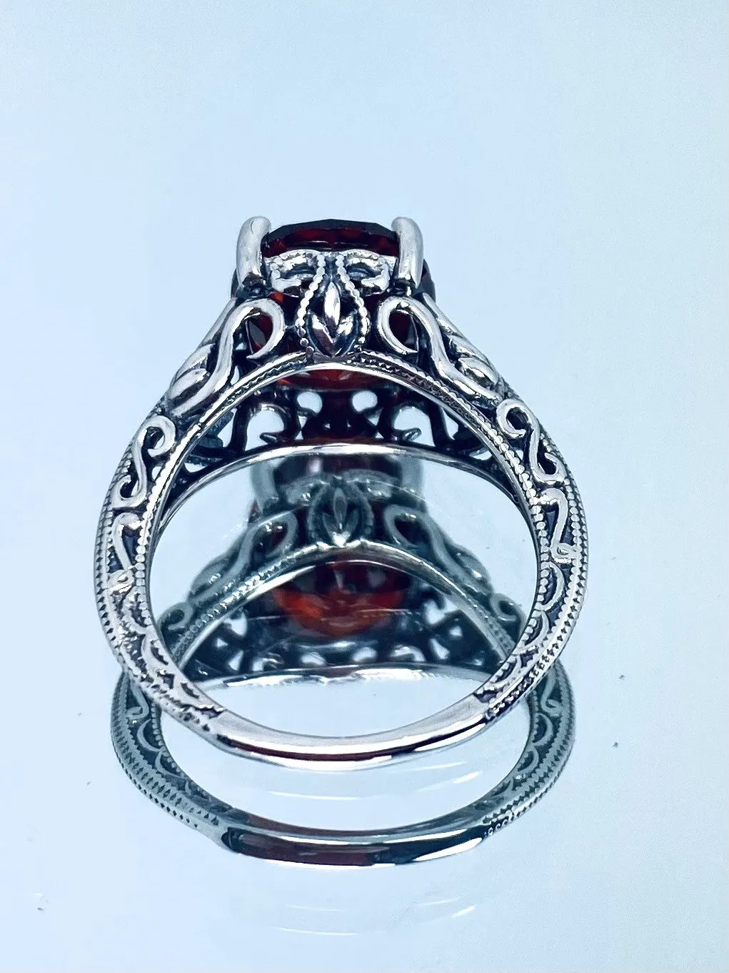 Garnet CZ Ring, Swan Filigree, Art Deco Jewelry #D190