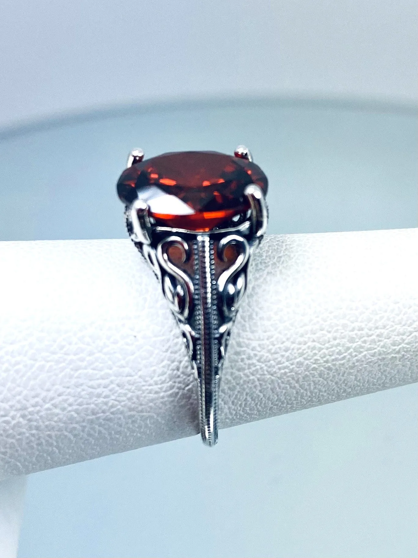 Garnet CZ Ring, Swan Filigree, Art Deco Jewelry #D190