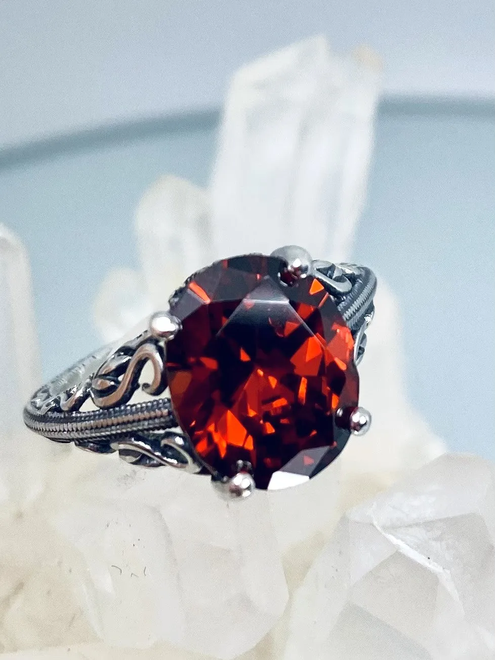 Garnet CZ Ring, Swan Filigree, Art Deco Jewelry #D190