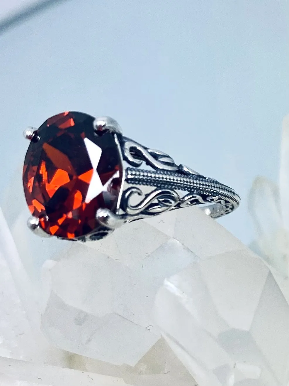 Garnet CZ Ring, Swan Filigree, Art Deco Jewelry #D190