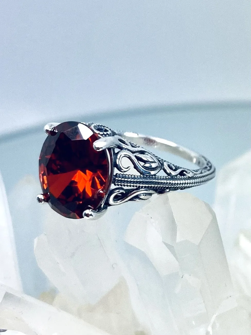 Garnet CZ Ring, Swan Filigree, Art Deco Jewelry #D190