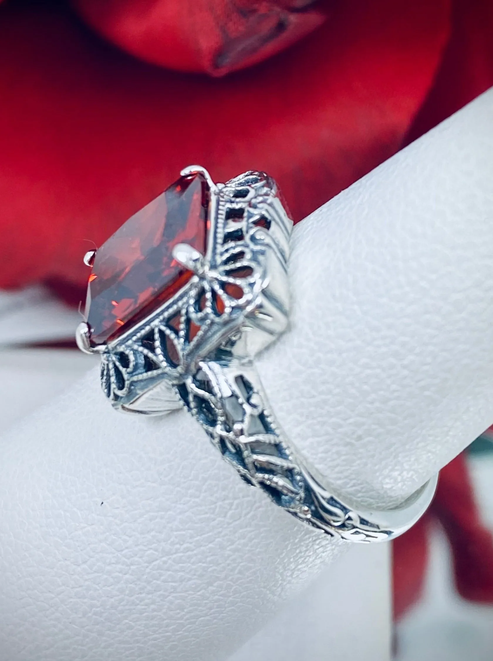 Garnet CZ Ring, Vintage Filigree, Victorian Revival Jewelry, D150