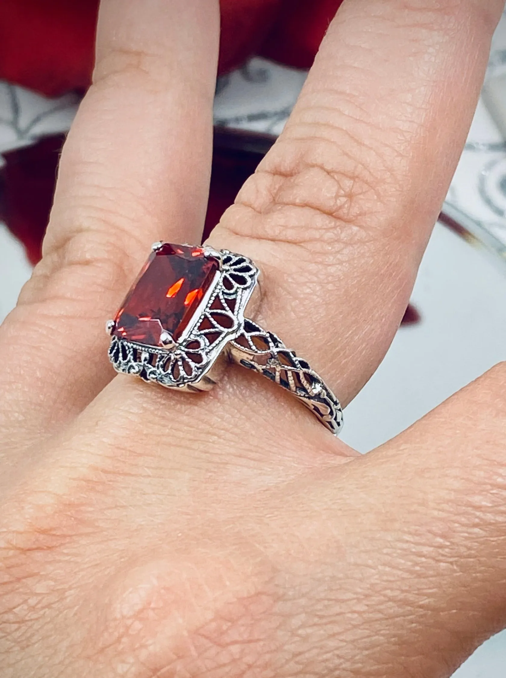 Garnet CZ Ring, Vintage Filigree, Victorian Revival Jewelry, D150