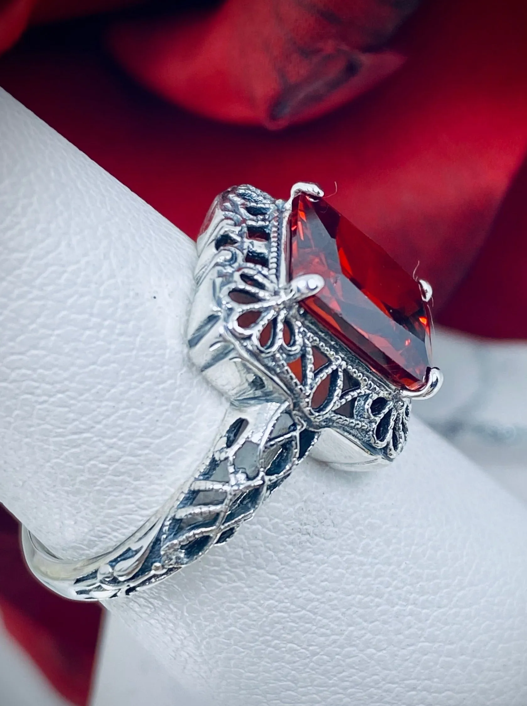 Garnet CZ Ring, Vintage Filigree, Victorian Revival Jewelry, D150