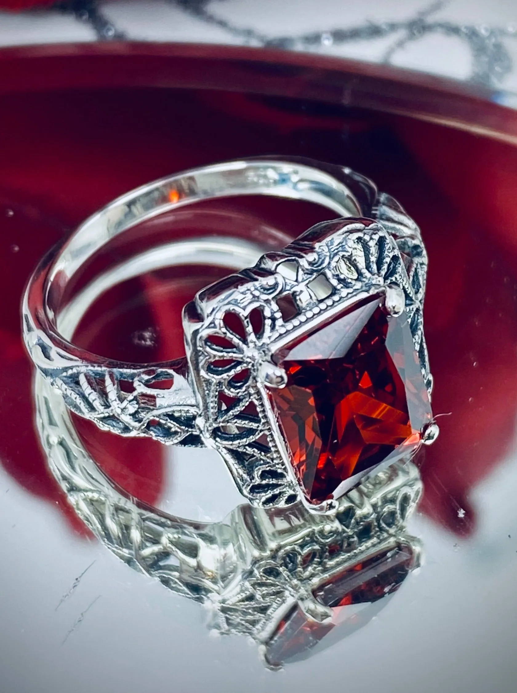 Garnet CZ Ring, Vintage Filigree, Victorian Revival Jewelry, D150