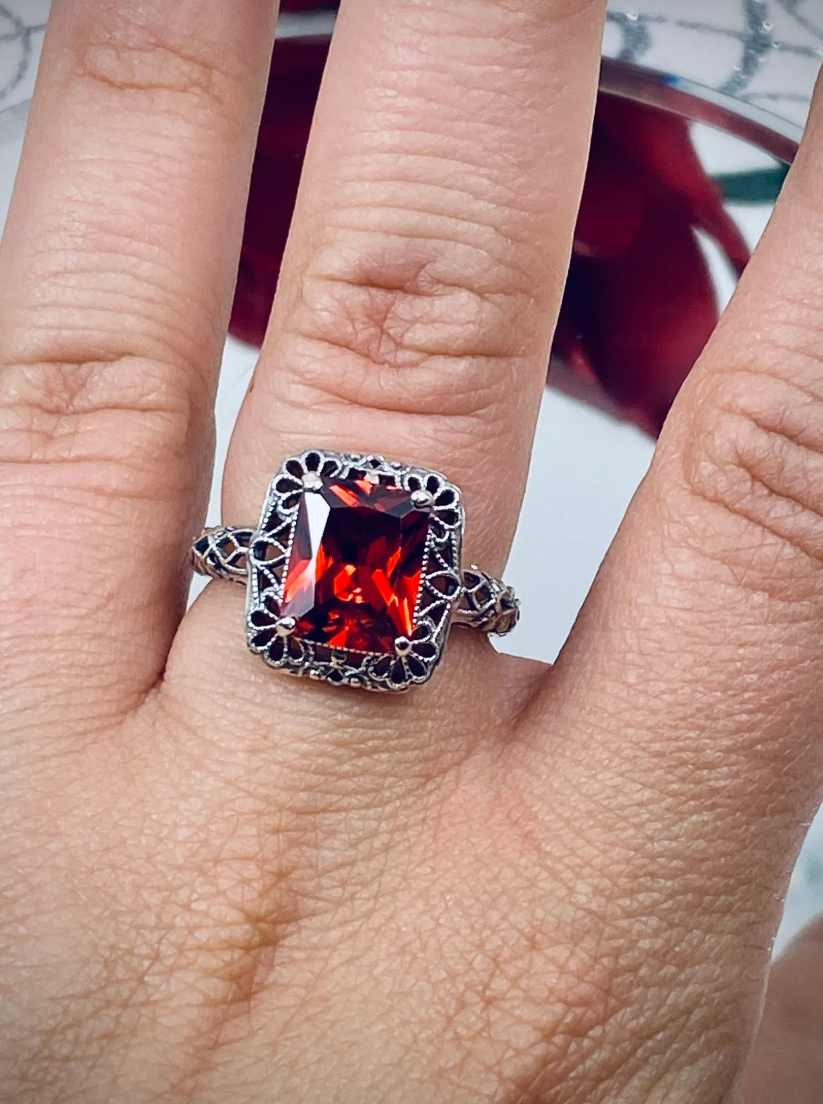 Garnet CZ Ring, Vintage Filigree, Victorian Revival Jewelry, D150