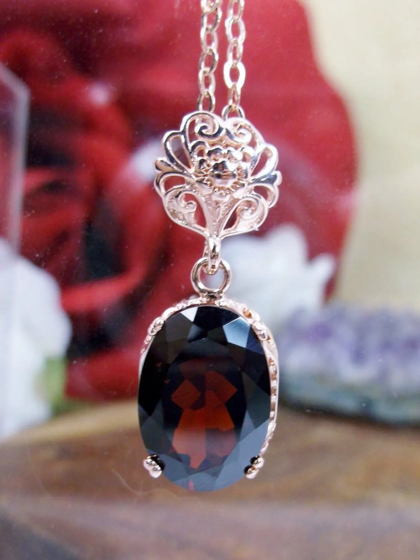 Garnet Pendant, Rose Gold, Natural Garnet Edwardian Necklace #P70