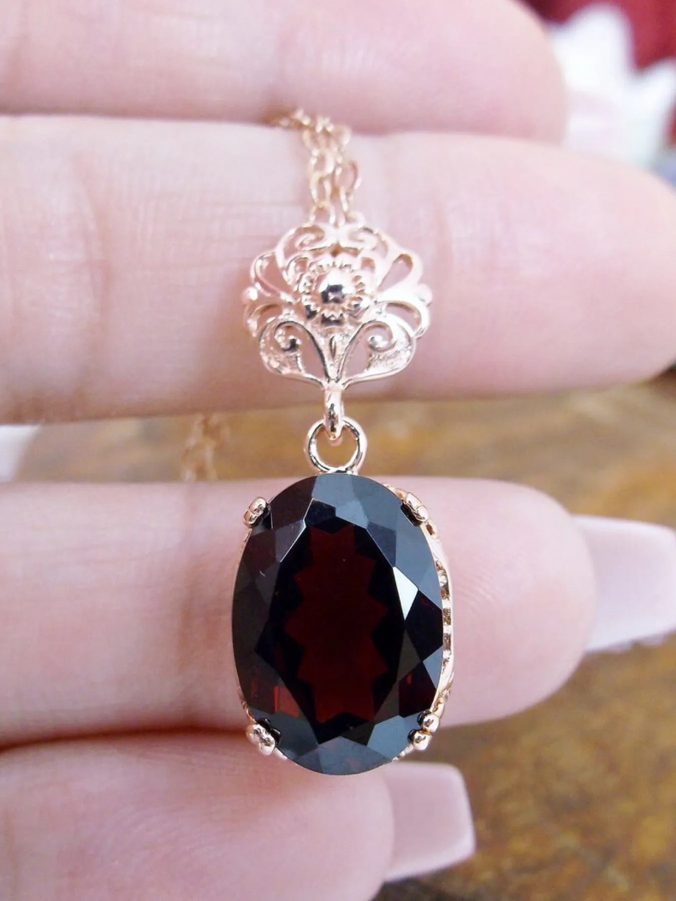 Garnet Pendant, Rose Gold, Natural Garnet Edwardian Necklace #P70