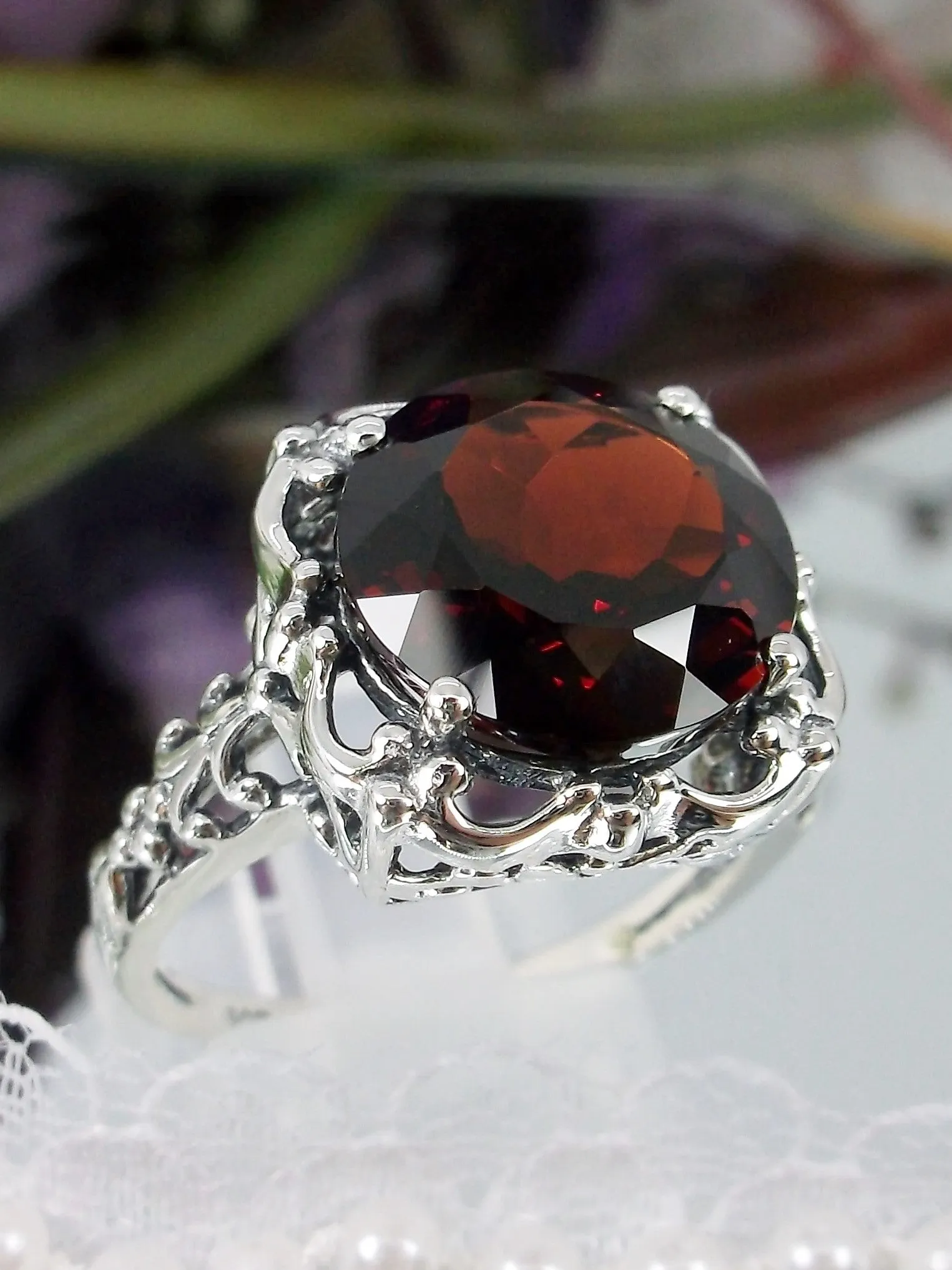 Garnet Ring, Natural Gemstone, 10k, 14k White Gold or Silver Victorian Jewelry #D103