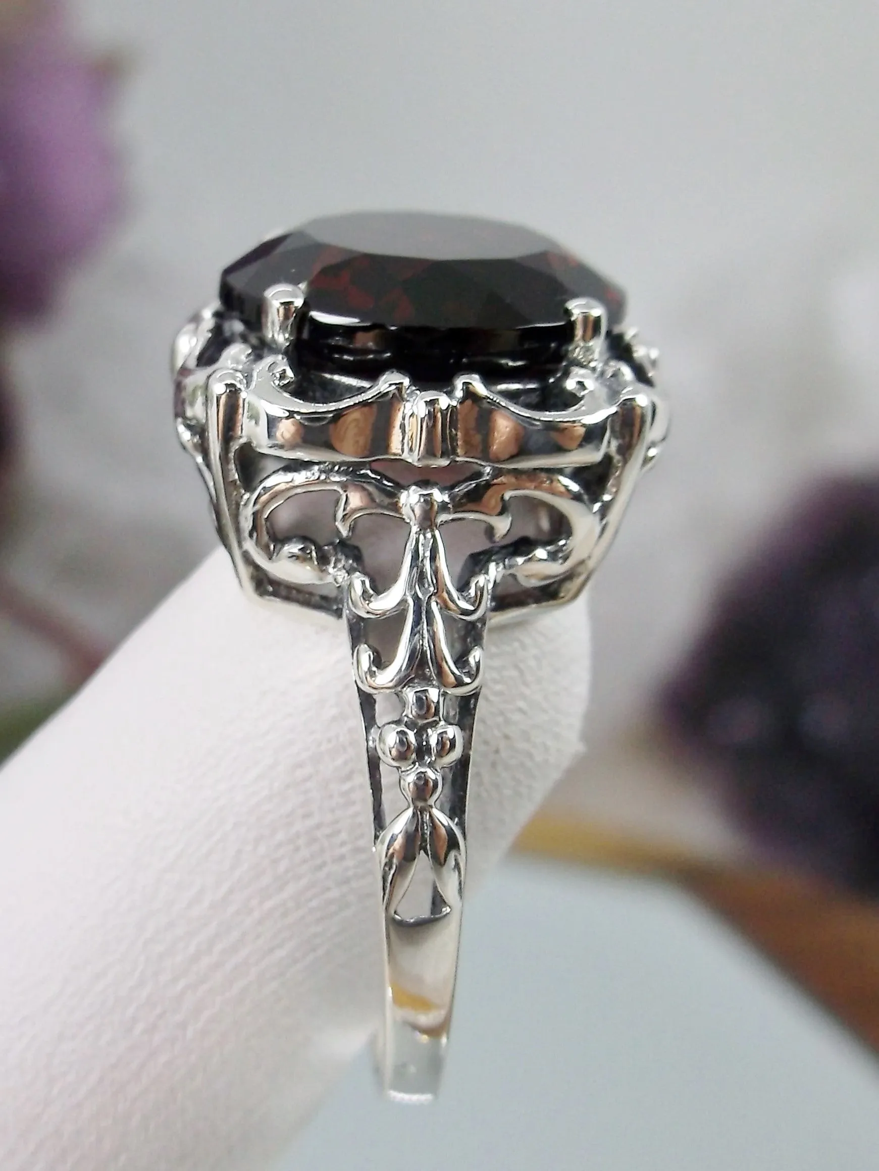 Garnet Ring, Natural Gemstone, 10k, 14k White Gold or Silver Victorian Jewelry #D103