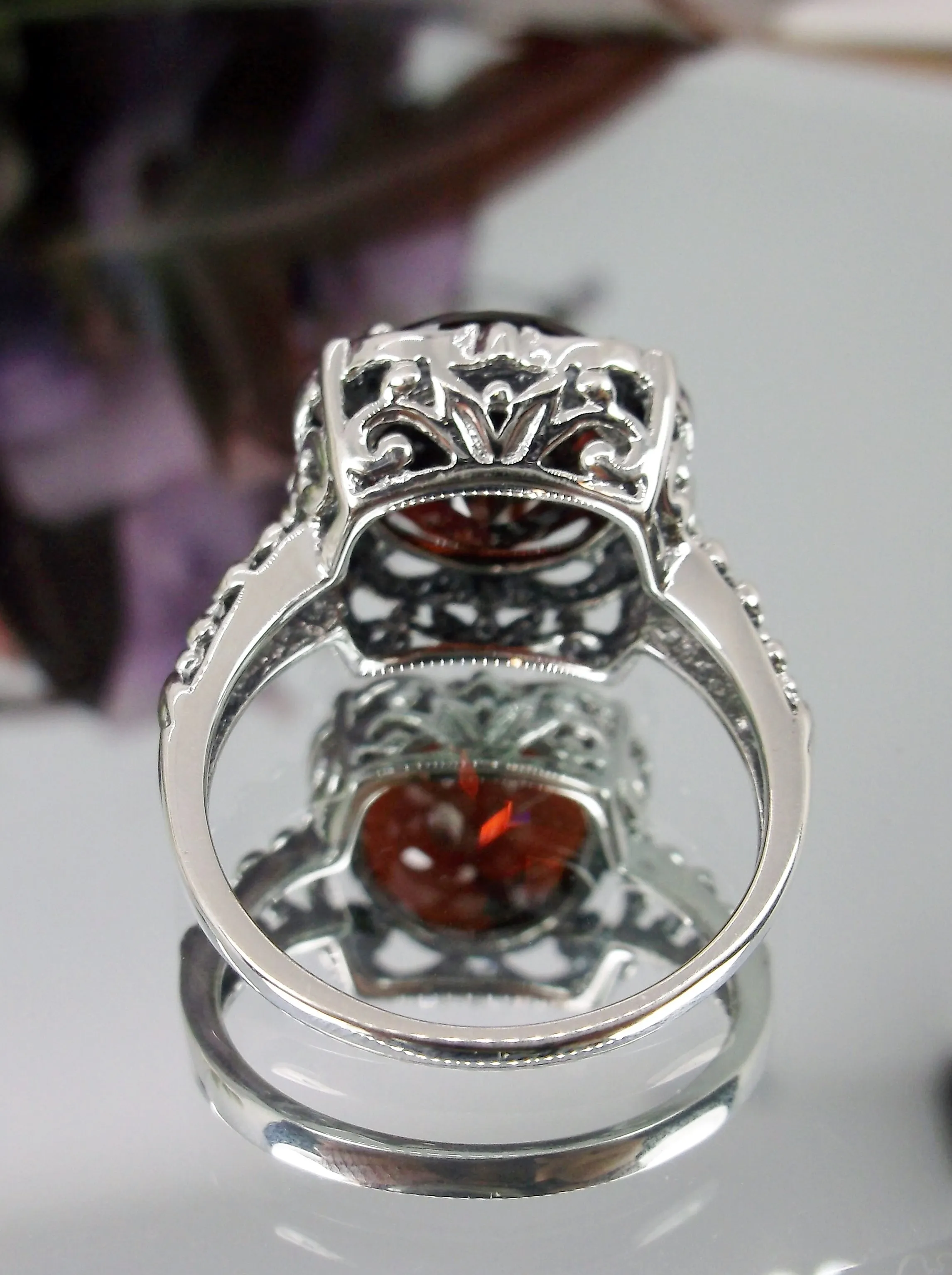Garnet Ring, Natural Gemstone, 10k, 14k White Gold or Silver Victorian Jewelry #D103