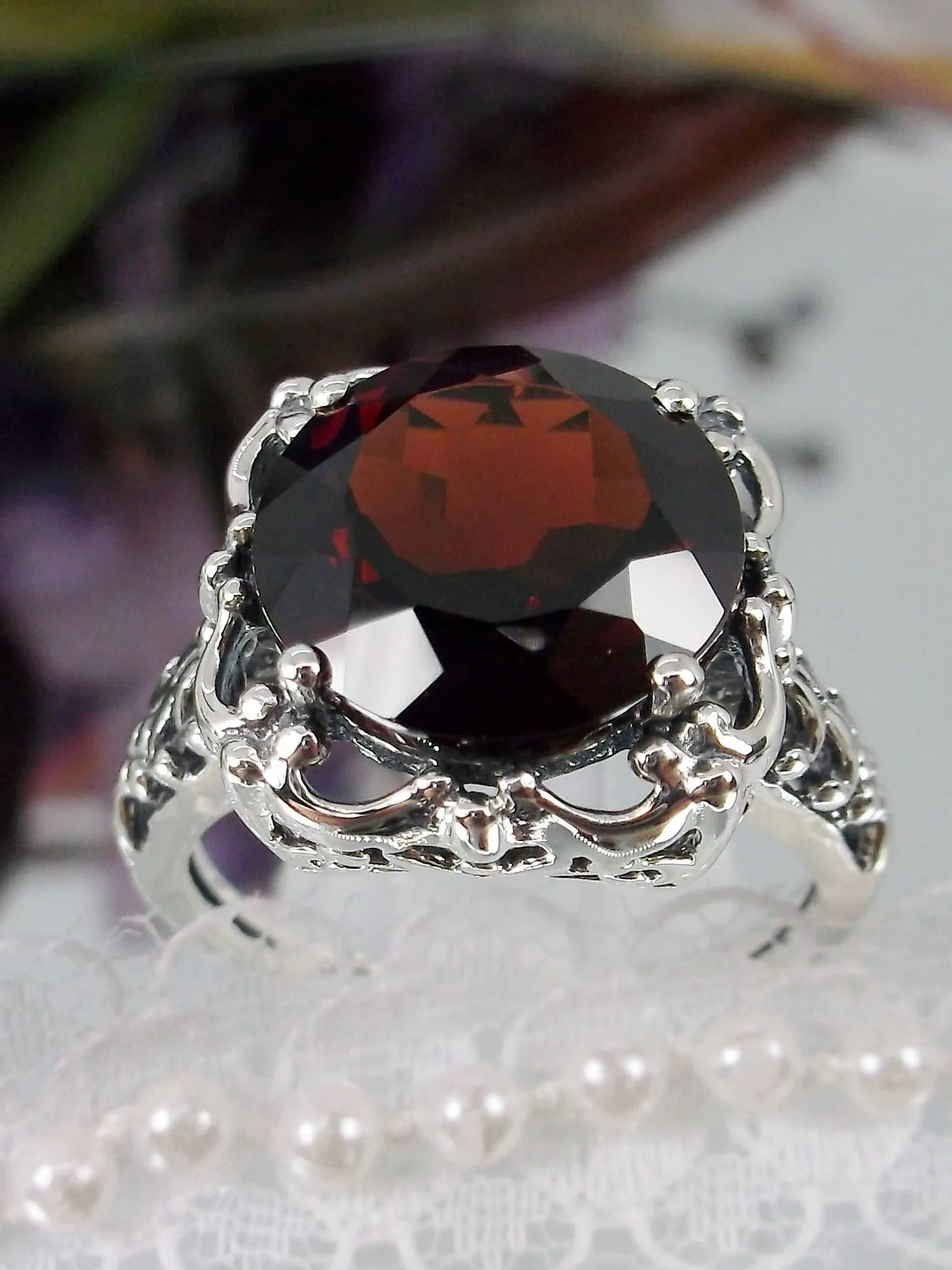 Garnet Ring, Natural Gemstone, 10k, 14k White Gold or Silver Victorian Jewelry #D103