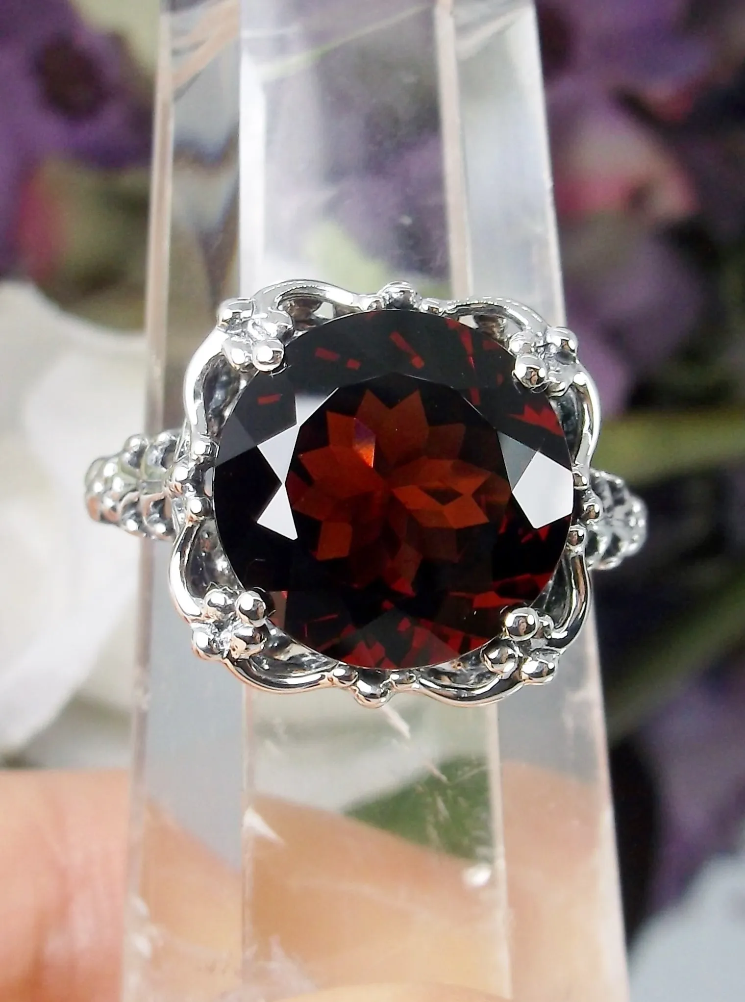 Garnet Ring, Natural Gemstone, 10k, 14k White Gold or Silver Victorian Jewelry #D103