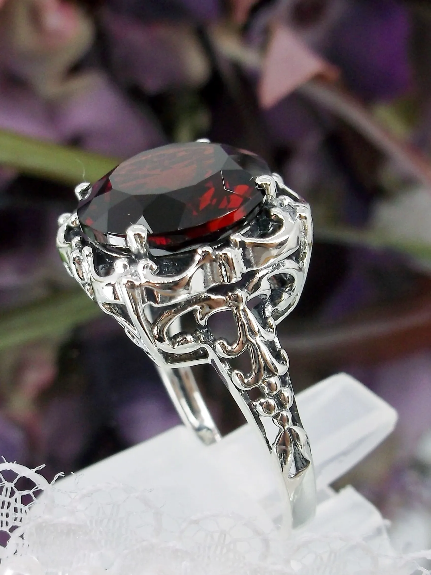 Garnet Ring, Natural Gemstone, 10k, 14k White Gold or Silver Victorian Jewelry #D103