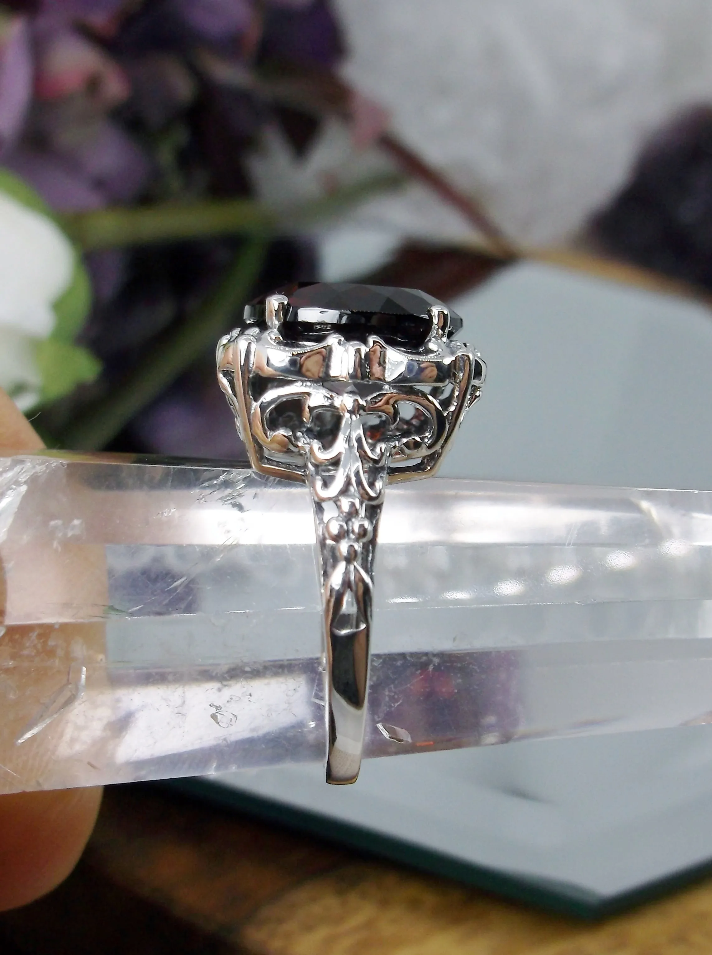 Garnet Ring, Natural Gemstone, 10k, 14k White Gold or Silver Victorian Jewelry #D103