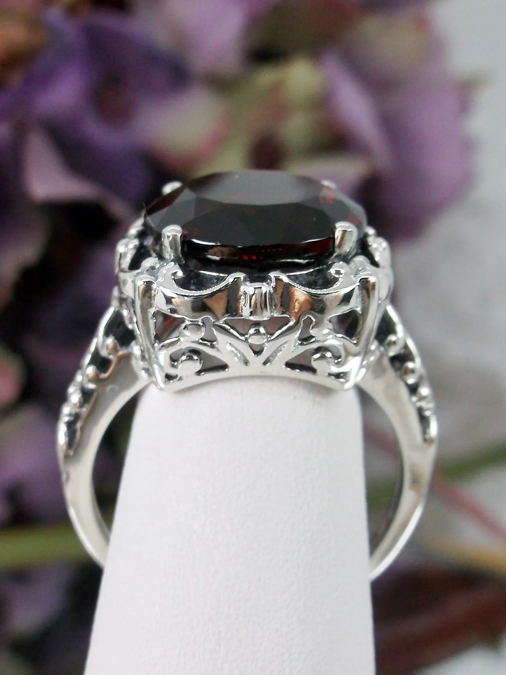 Garnet Ring, Natural Gemstone, 10k, 14k White Gold or Silver Victorian Jewelry #D103
