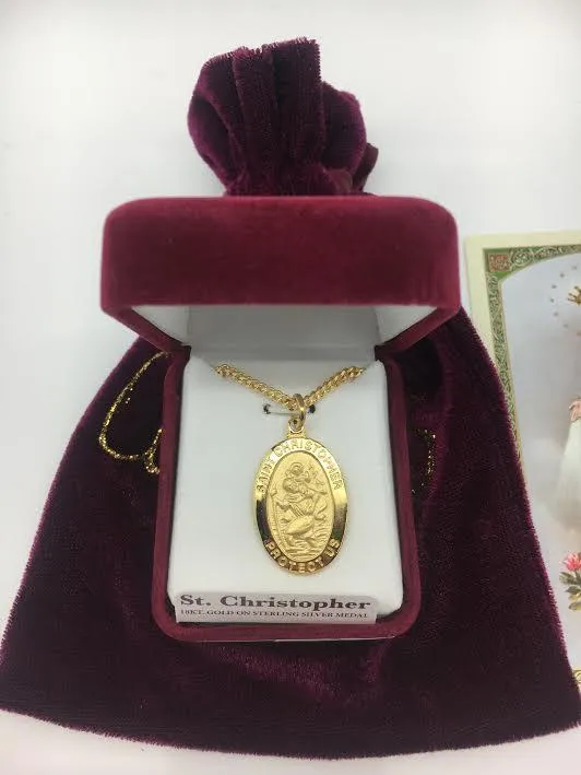 Gold over Sterling Silver St. Christopher Medal 1"x 5/8" with chain