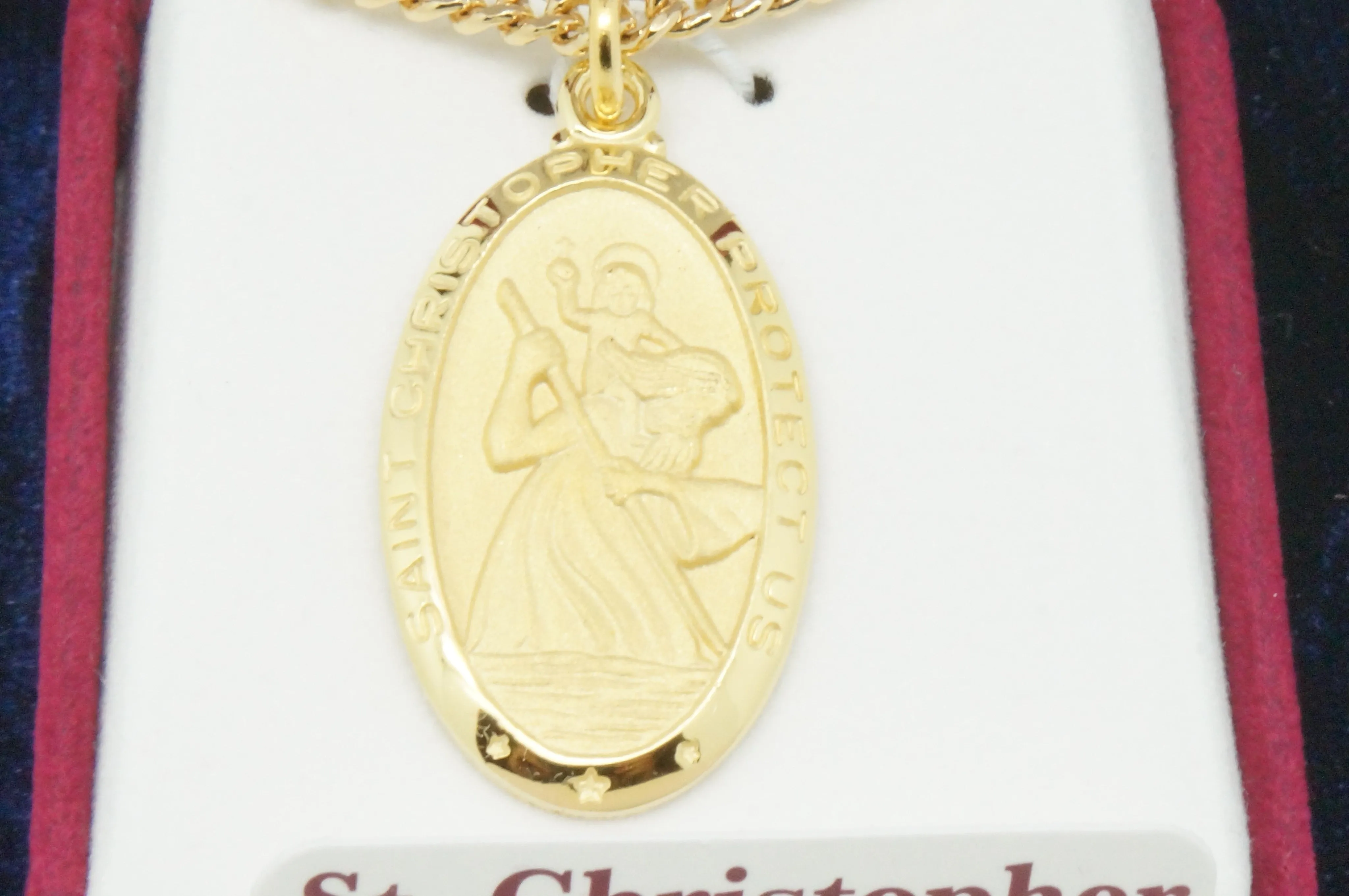 Gold Saint Christopher Medal 1 /8" with chain, box and velvet bag