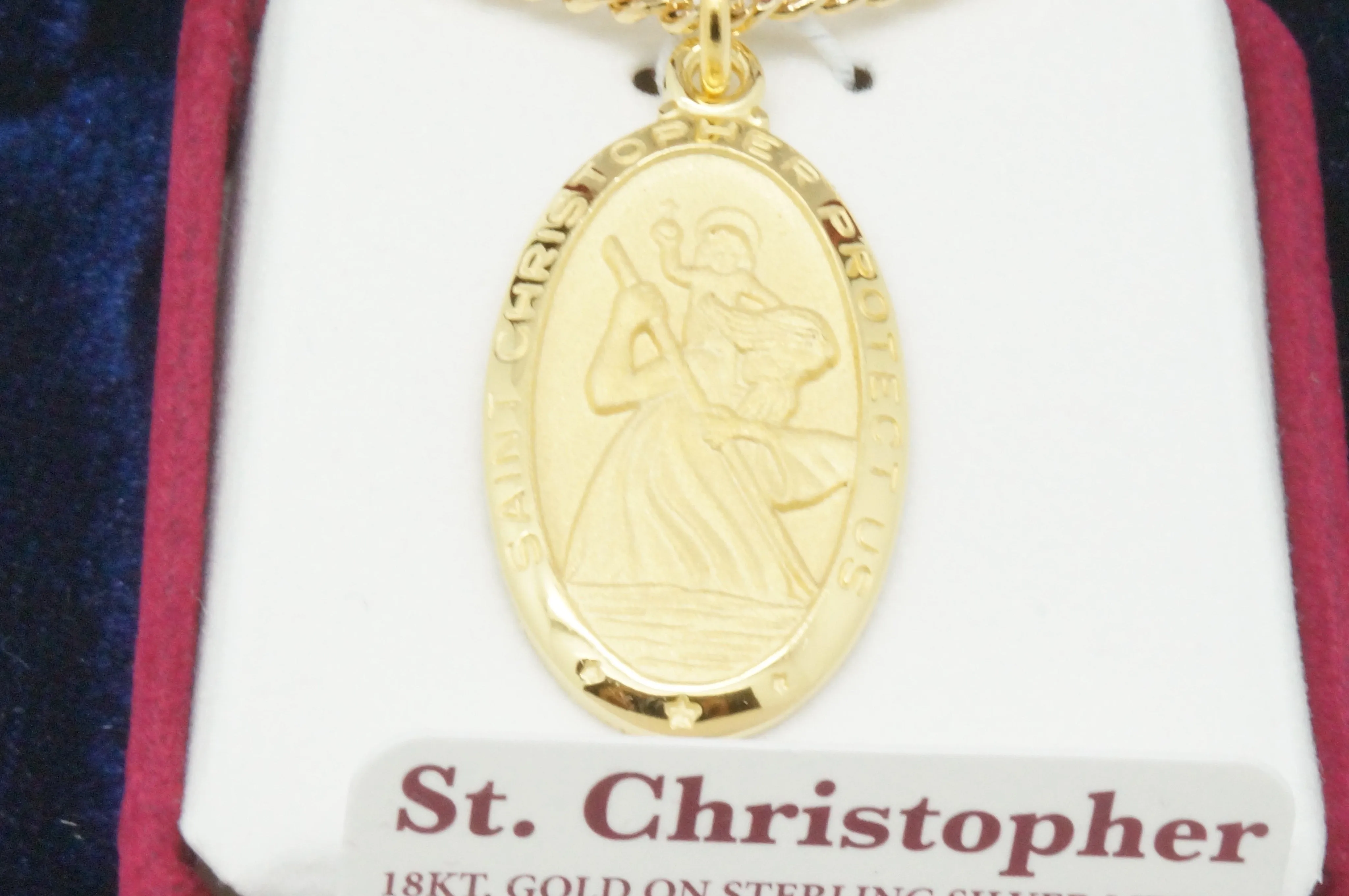 Gold Saint Christopher Medal 1 /8" with chain, box and velvet bag