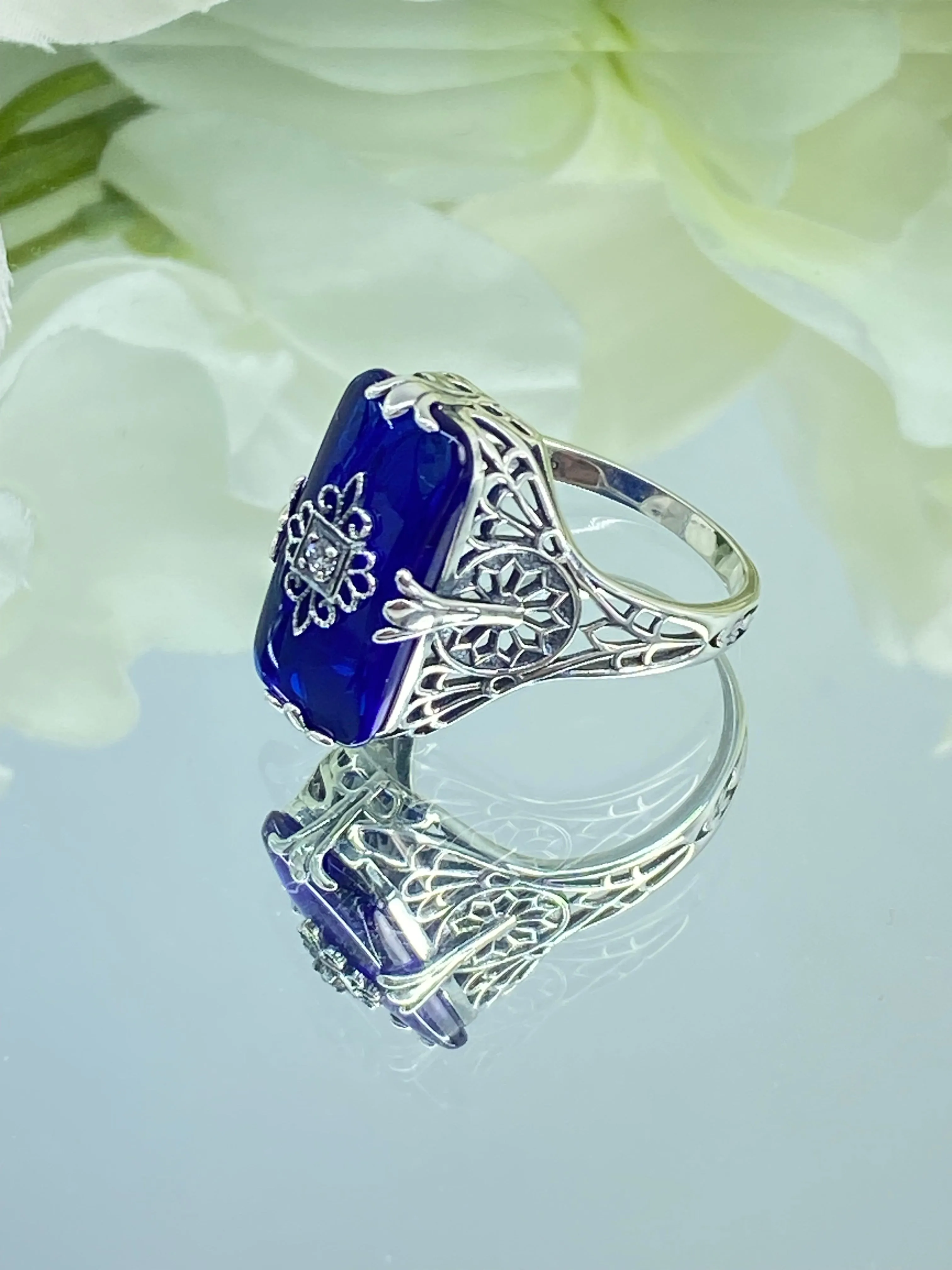 Grace Ring, Size 8.5, Sapphire Blue Glass with CZ inset, Edwardian Style Jewelry #D233 - Ready to Ship