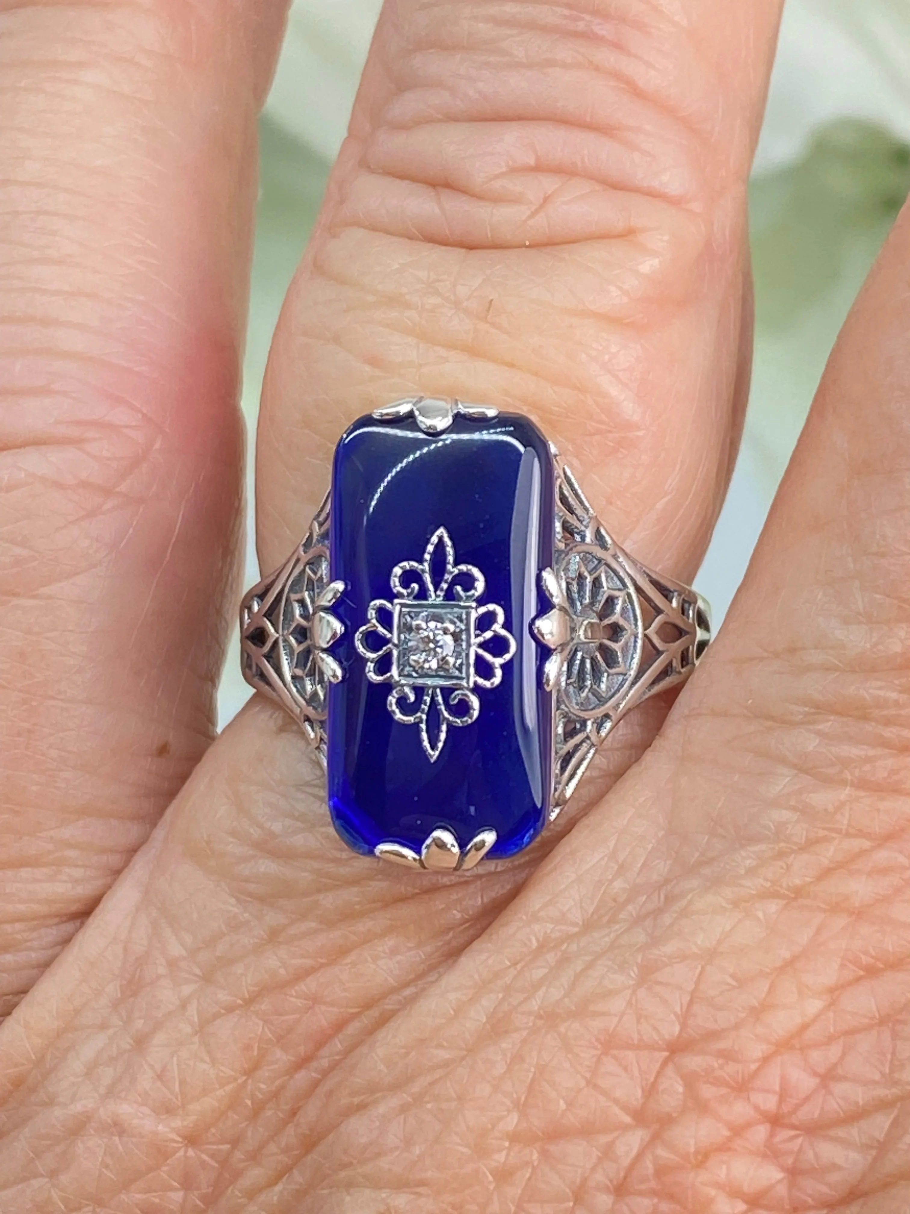 Grace Ring, Size 8.5, Sapphire Blue Glass with CZ inset, Edwardian Style Jewelry #D233 - Ready to Ship