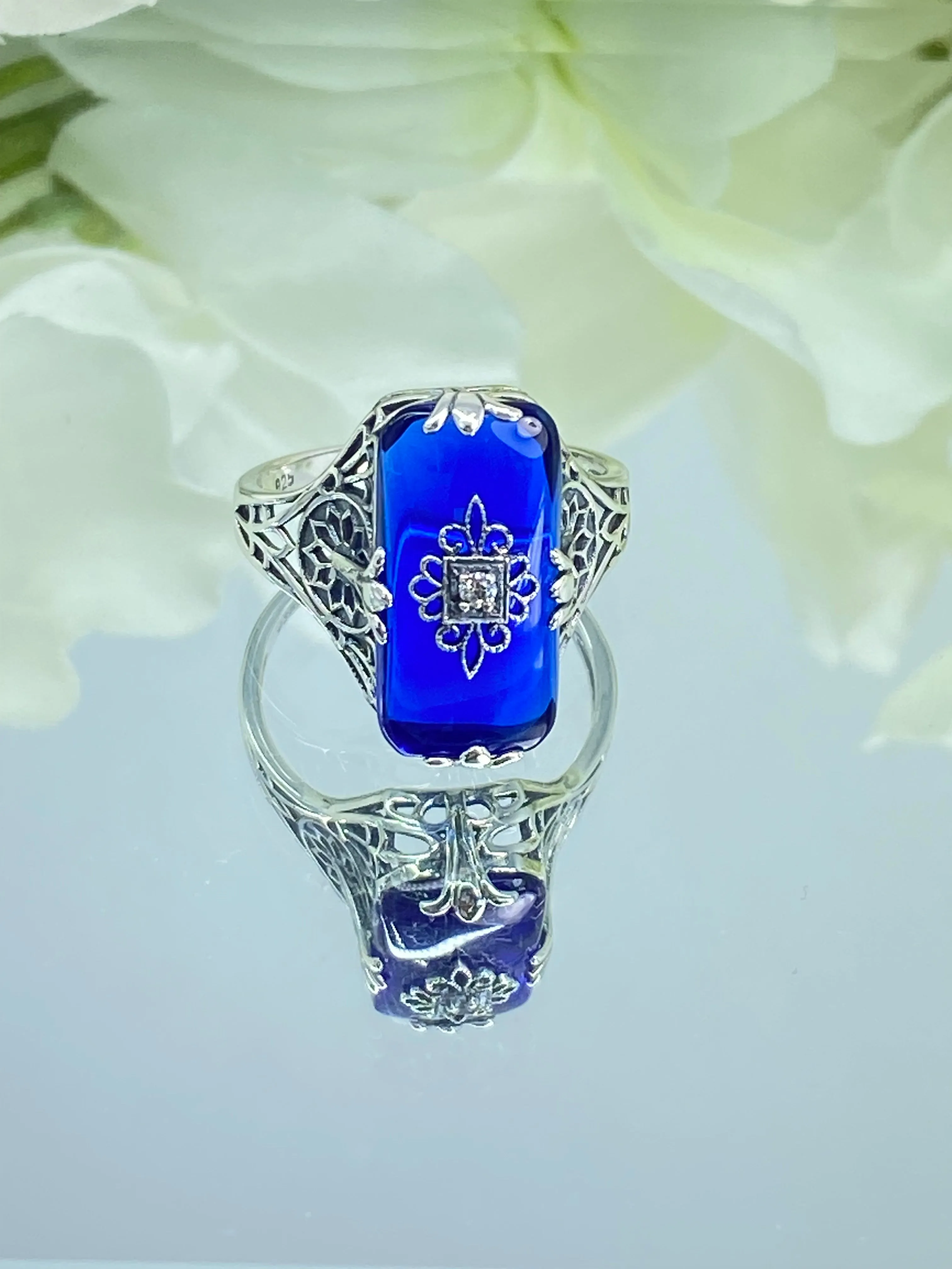 Grace Ring, Size 8.5, Sapphire Blue Glass with CZ inset, Edwardian Style Jewelry #D233 - Ready to Ship