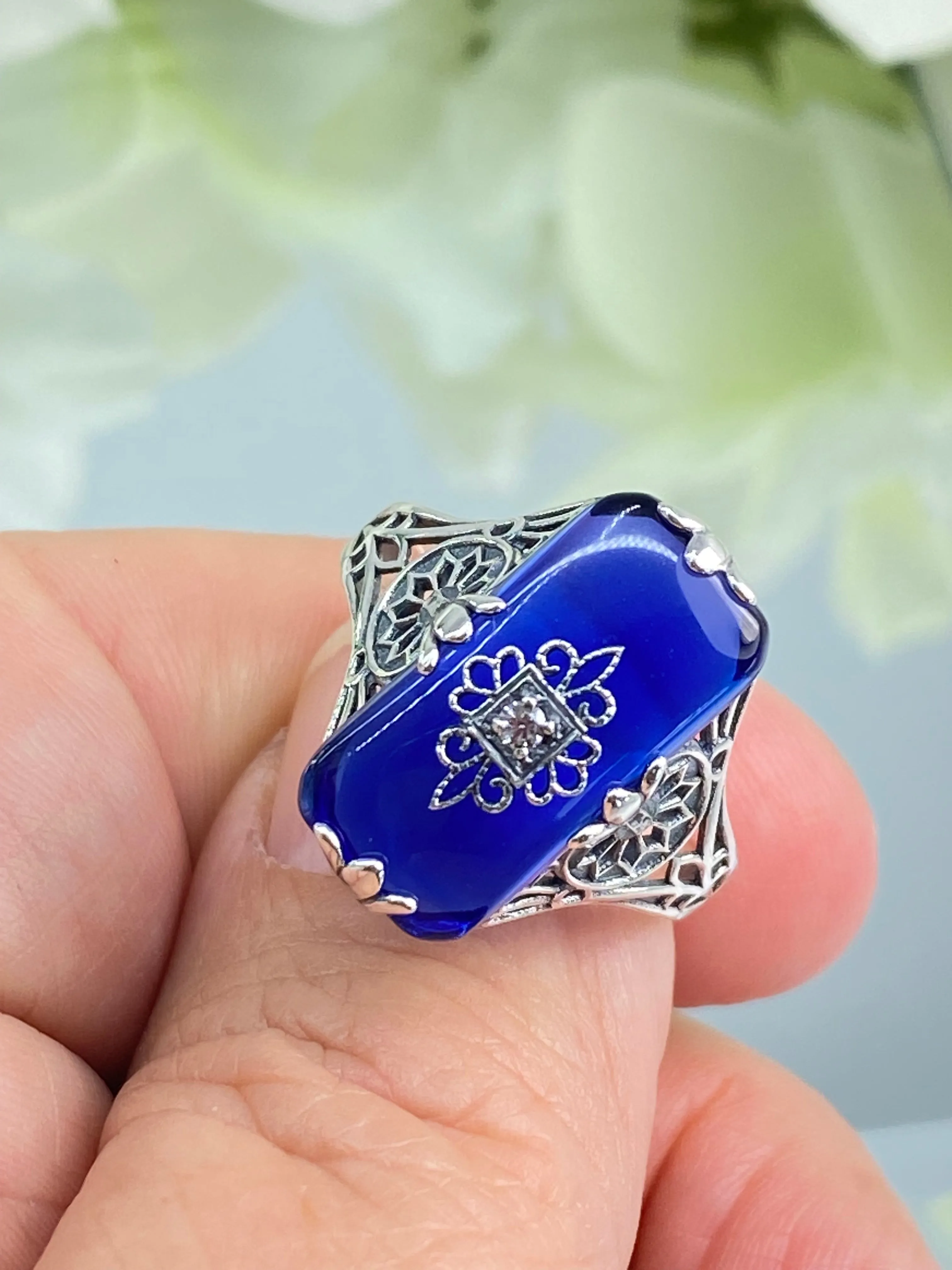 Grace Ring, Size 8.5, Sapphire Blue Glass with CZ inset, Edwardian Style Jewelry #D233 - Ready to Ship