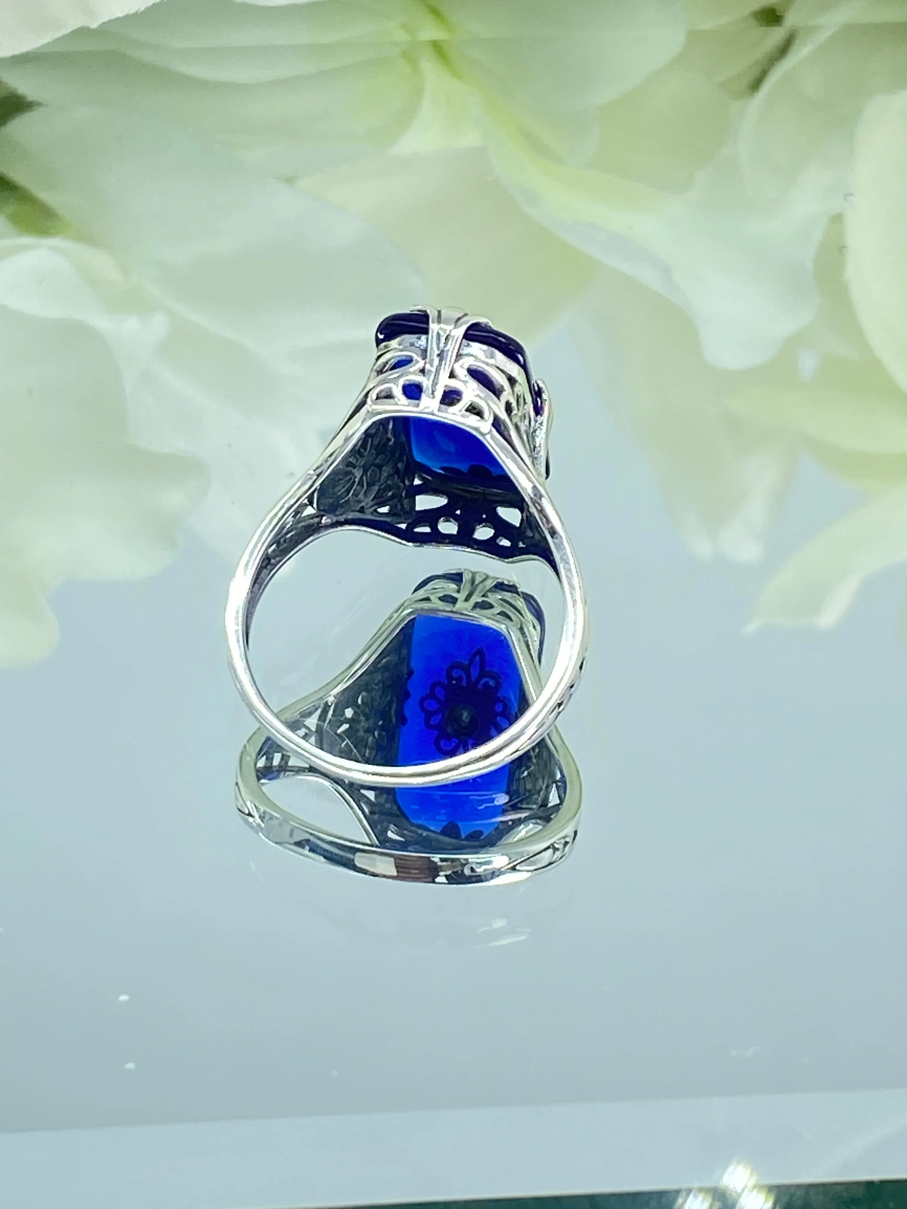 Grace Ring, Size 8.5, Sapphire Blue Glass with CZ inset, Edwardian Style Jewelry #D233 - Ready to Ship