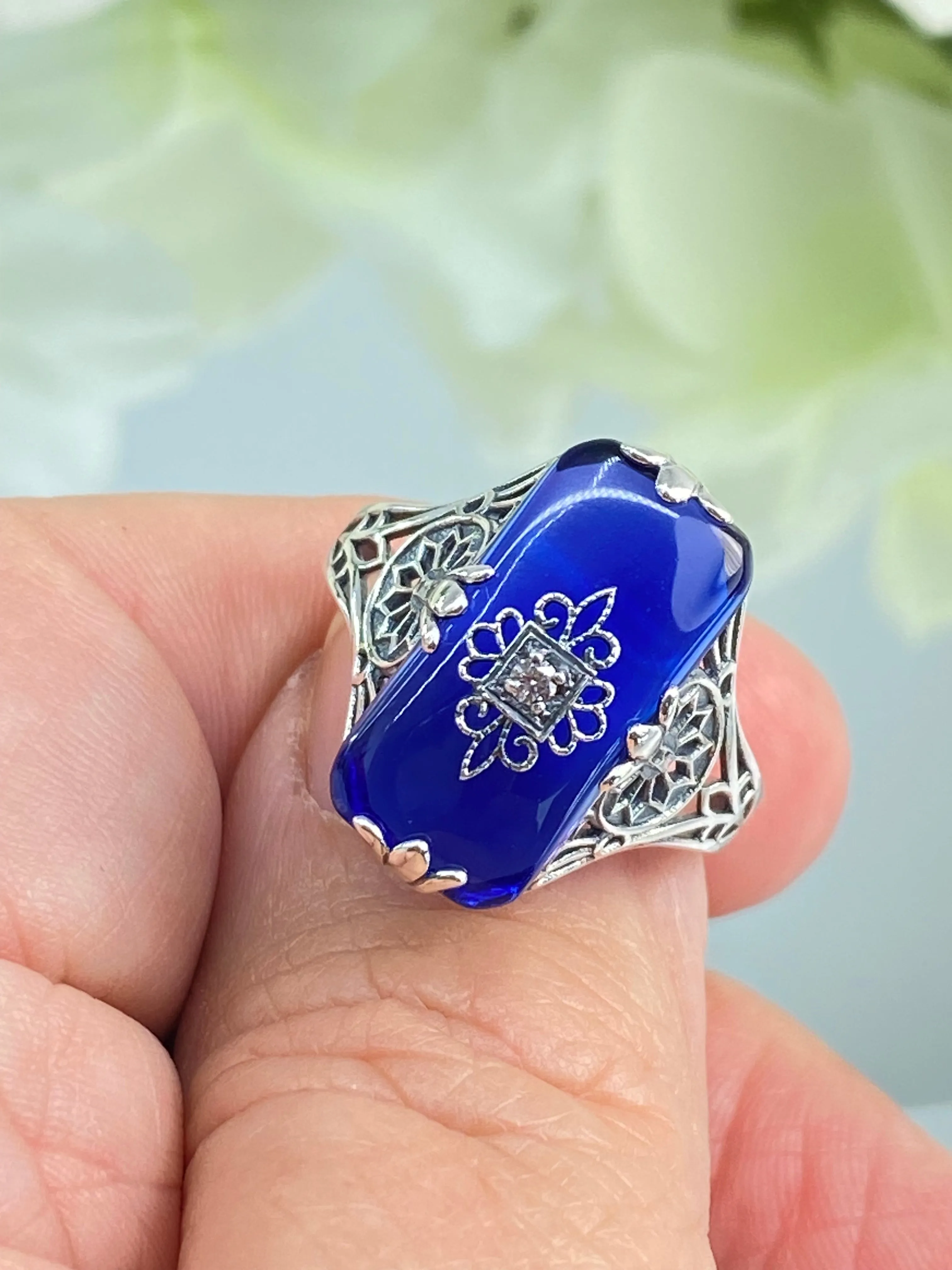 Grace Ring, Size 8.5, Sapphire Blue Glass with CZ inset, Edwardian Style Jewelry #D233 - Ready to Ship