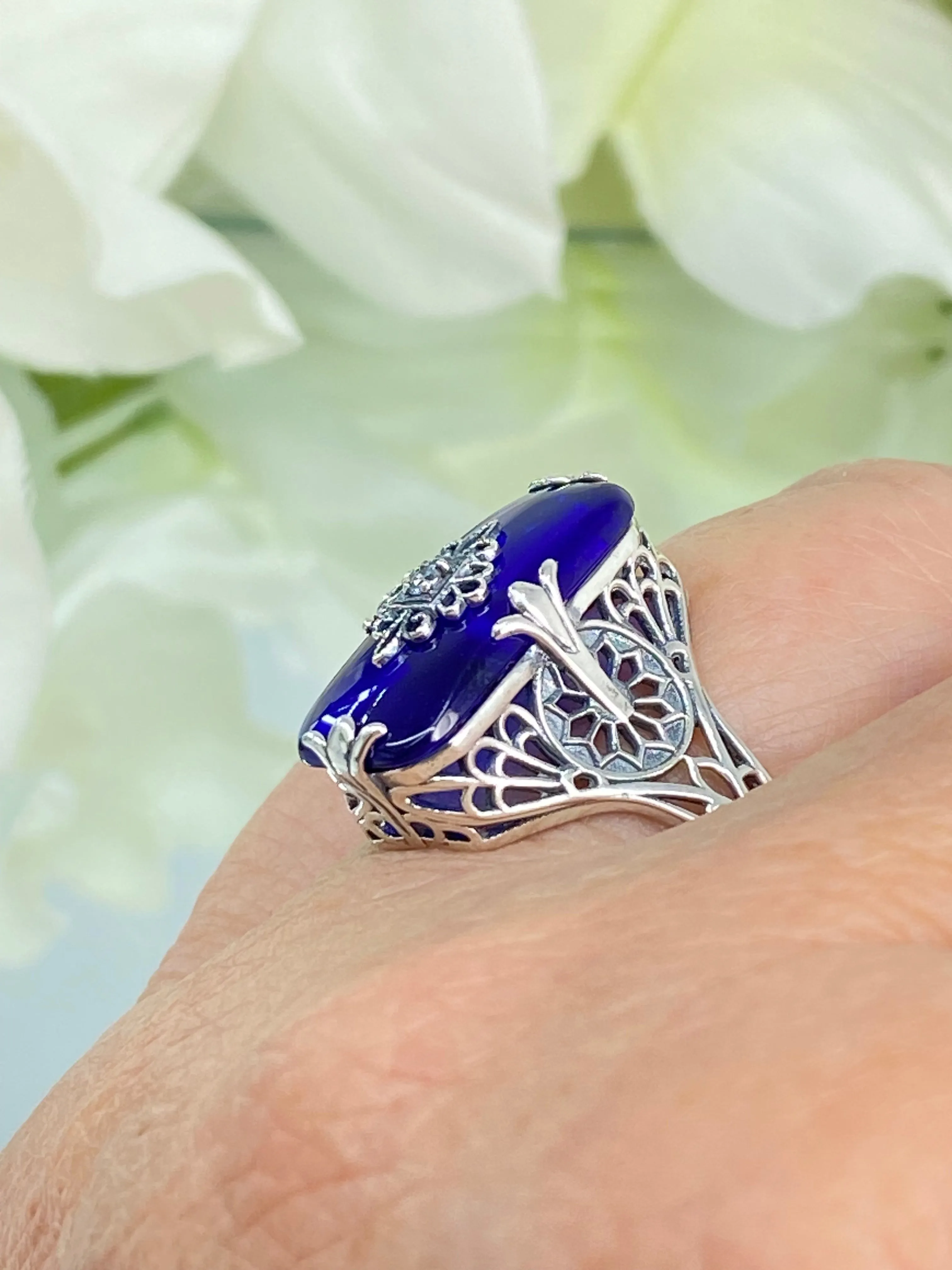Grace Ring, Size 8.5, Sapphire Blue Glass with CZ inset, Edwardian Style Jewelry #D233 - Ready to Ship