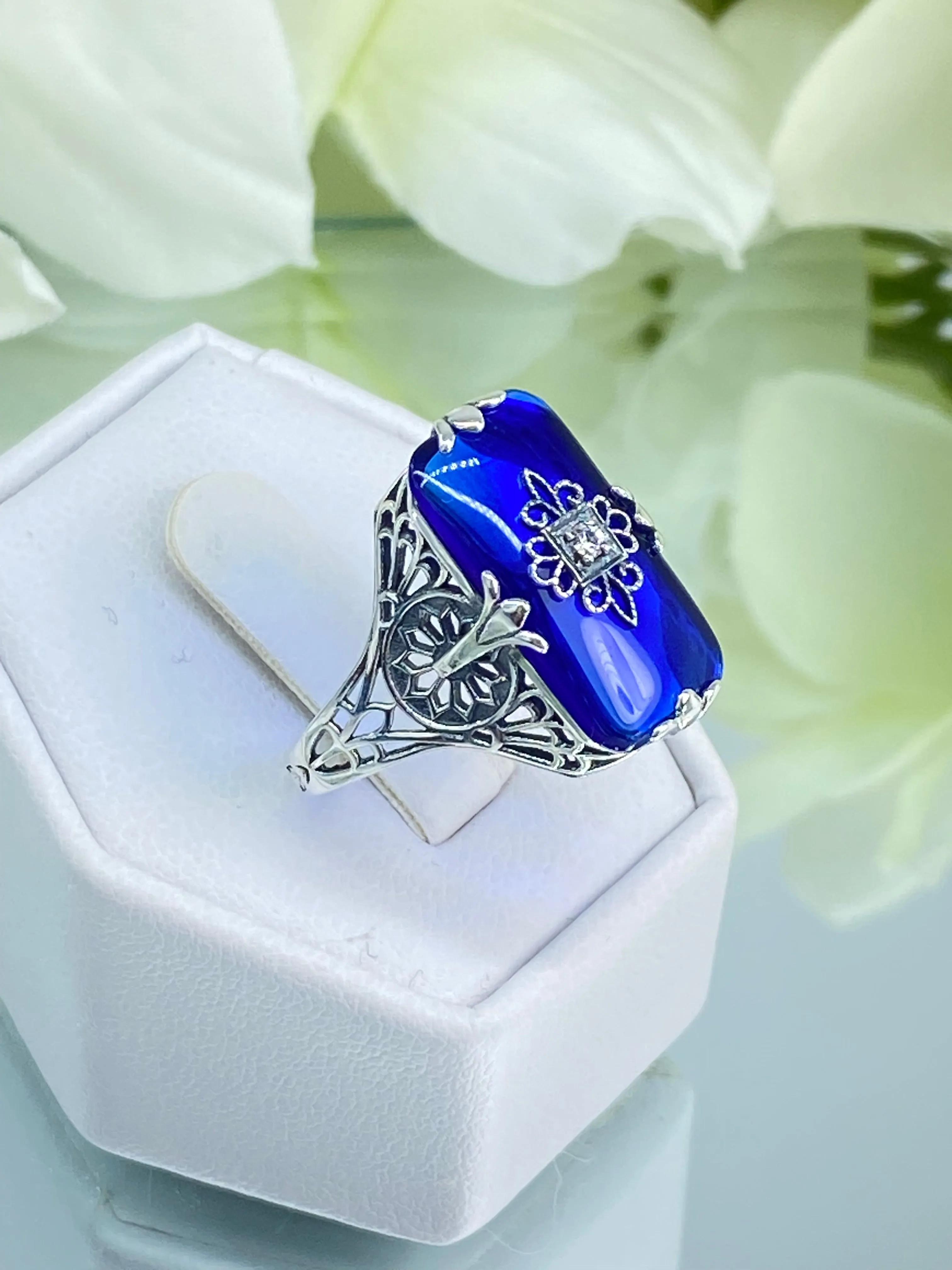 Grace Ring, Size 8.5, Sapphire Blue Glass with CZ inset, Edwardian Style Jewelry #D233 - Ready to Ship