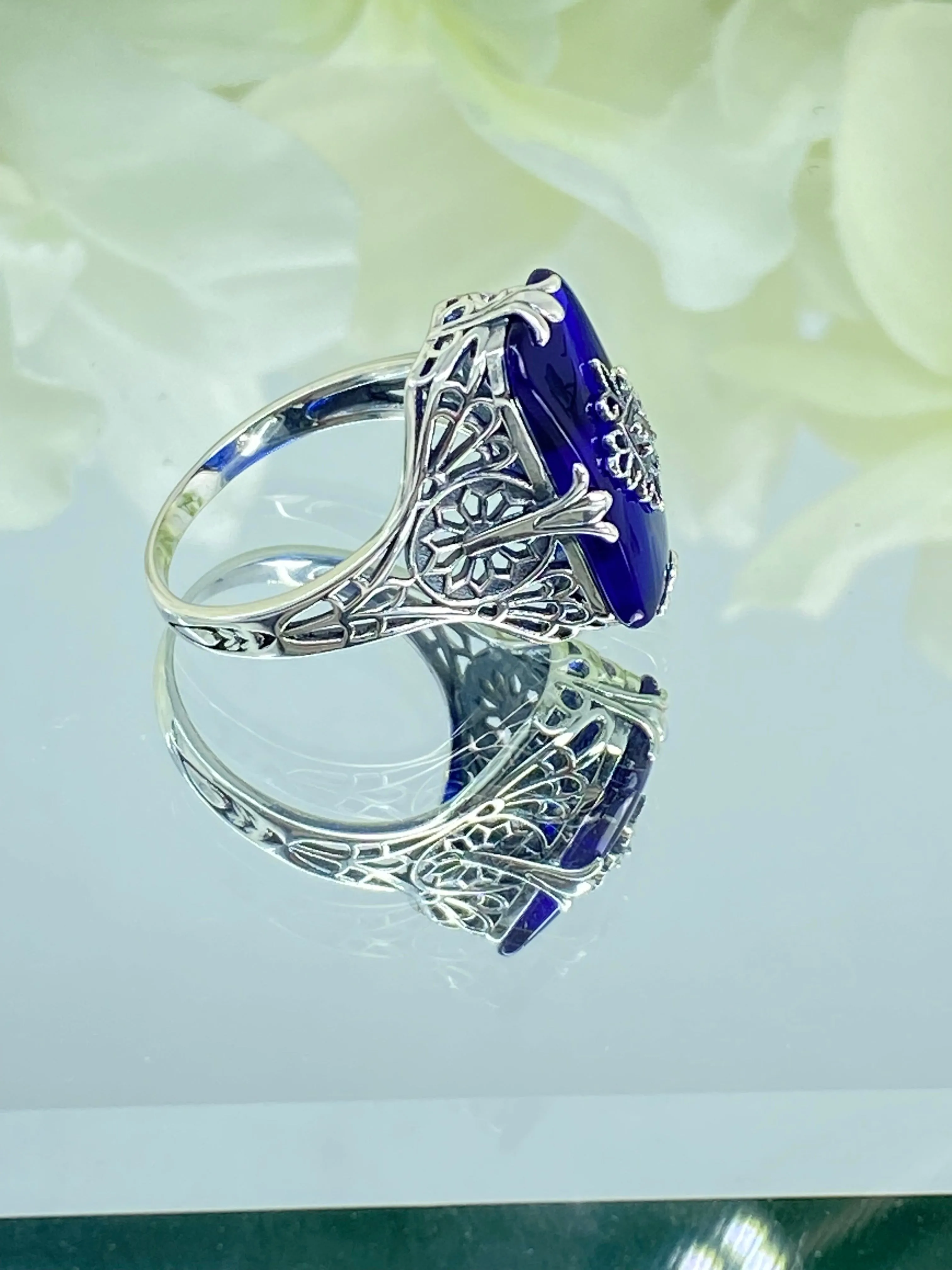 Grace Ring, Size 8.5, Sapphire Blue Glass with CZ inset, Edwardian Style Jewelry #D233 - Ready to Ship