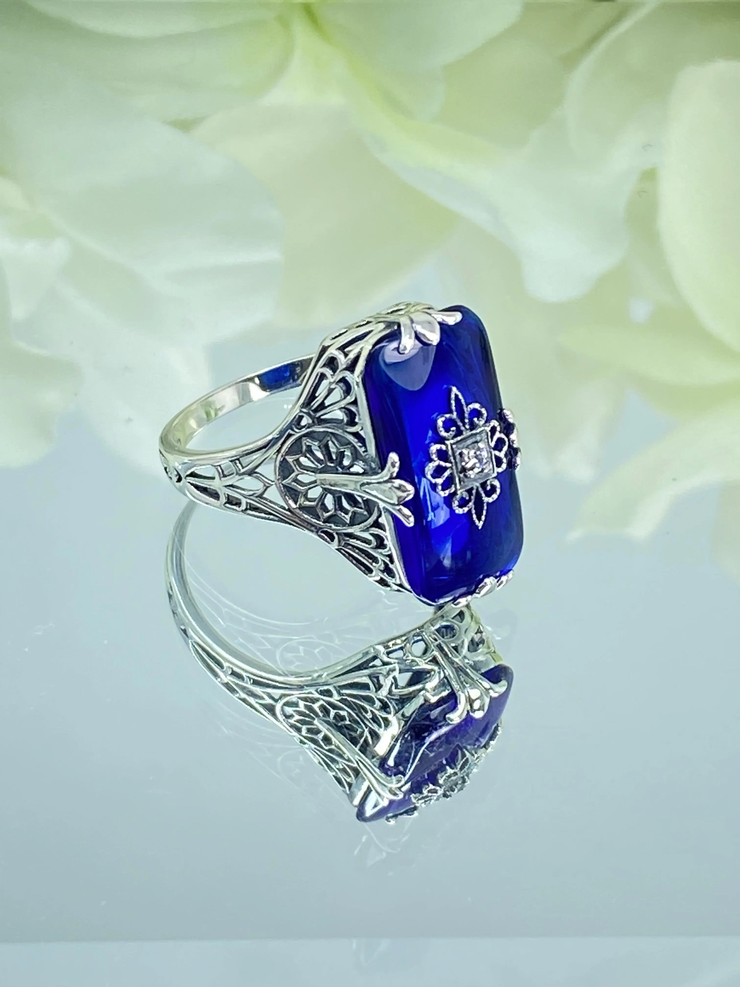 Grace Ring, Size 8.5, Sapphire Blue Glass with CZ inset, Edwardian Style Jewelry #D233 - Ready to Ship