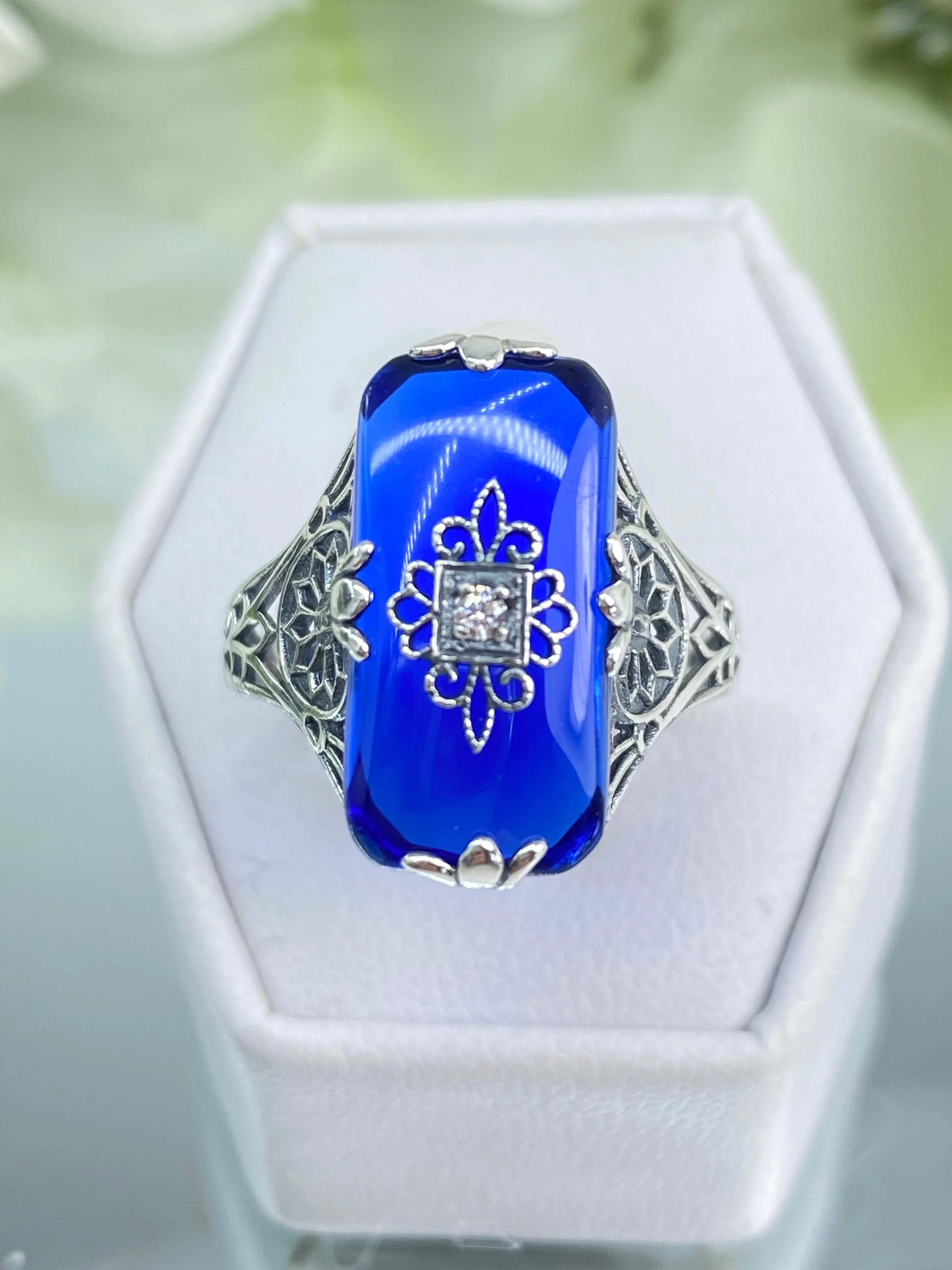Grace Ring, Size 8.5, Sapphire Blue Glass with CZ inset, Edwardian Style Jewelry #D233 - Ready to Ship
