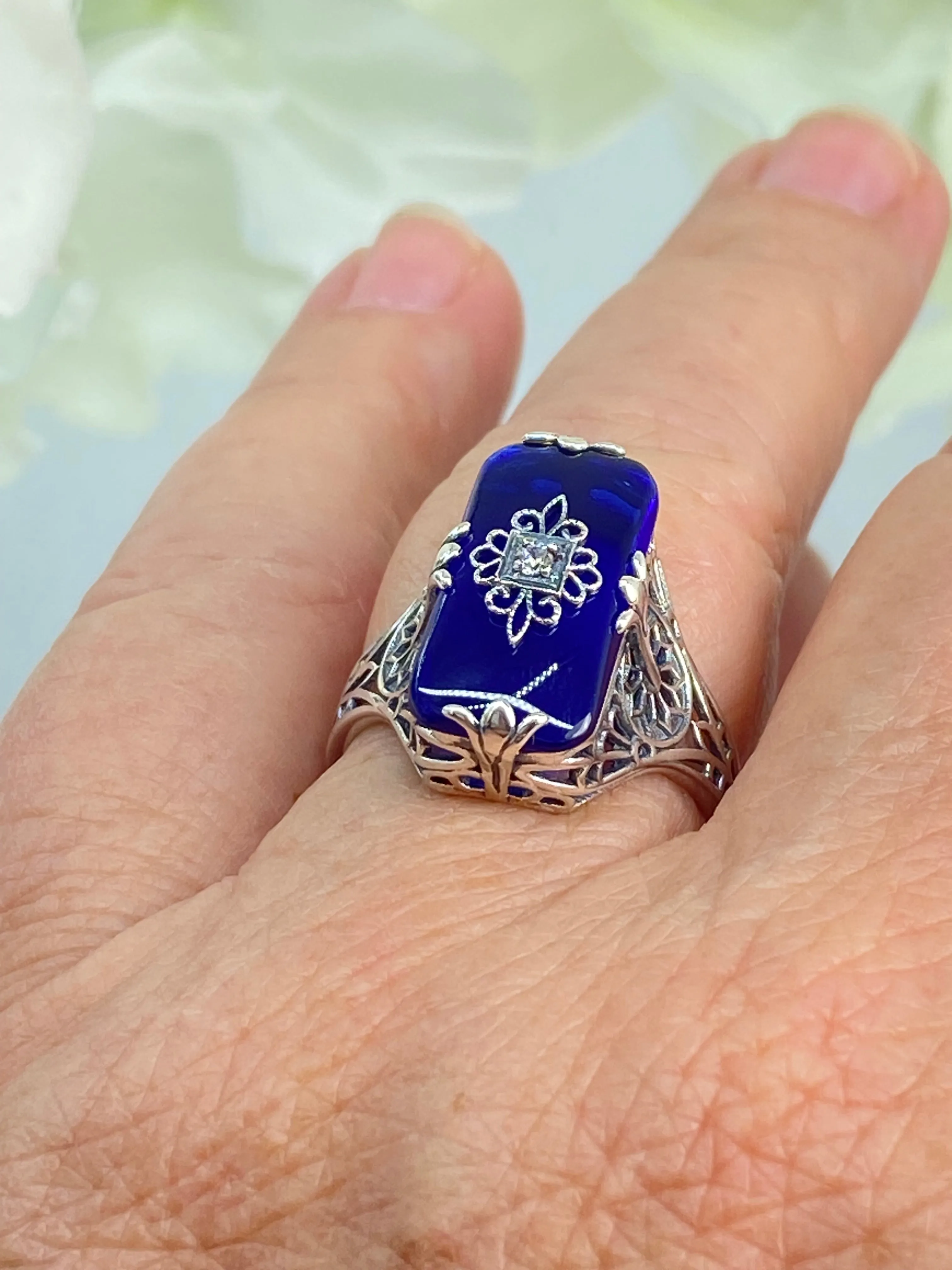 Grace Ring, Size 8.5, Sapphire Blue Glass with CZ inset, Edwardian Style Jewelry #D233 - Ready to Ship