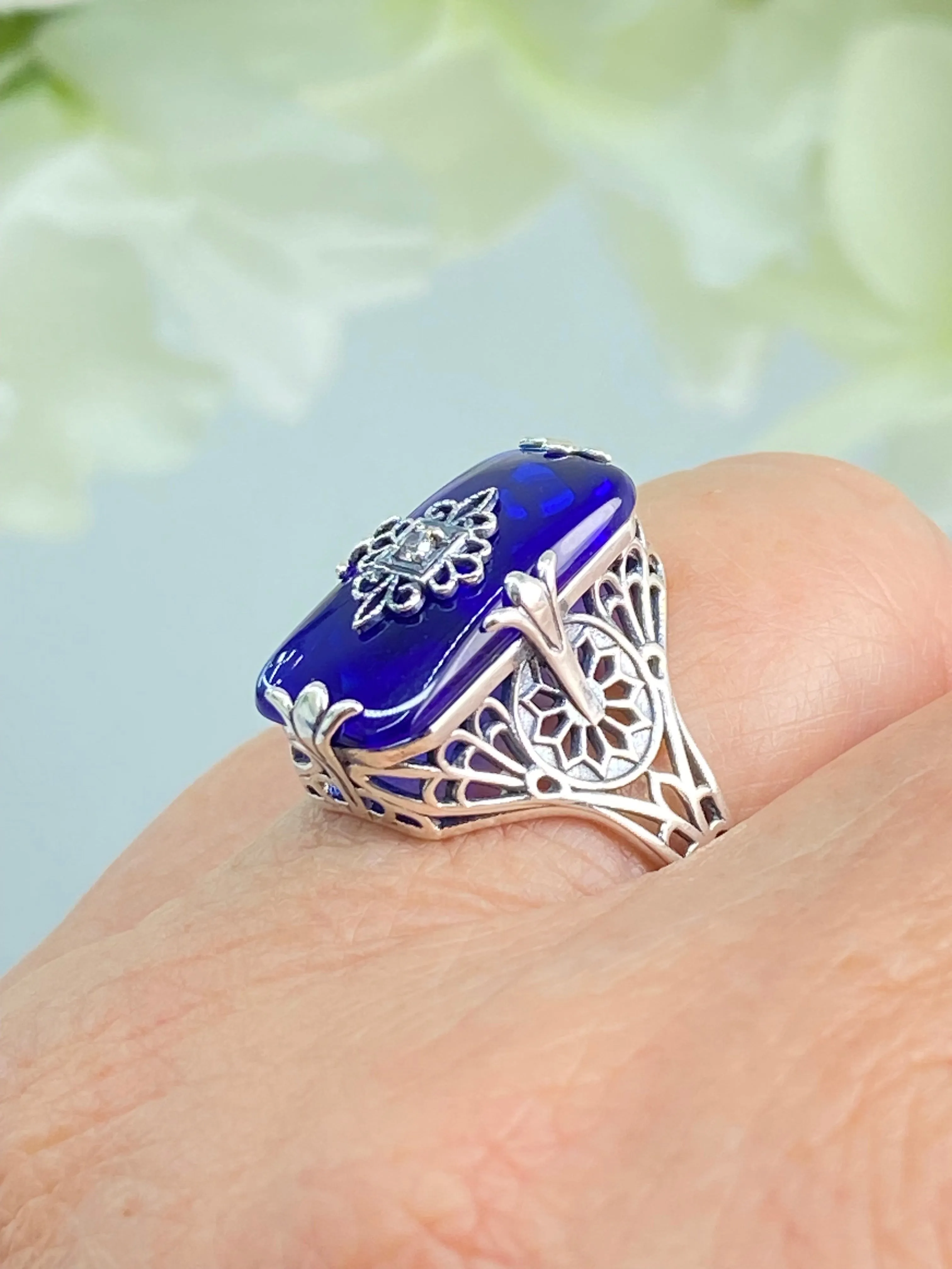 Grace Ring, Size 8.5, Sapphire Blue Glass with CZ inset, Edwardian Style Jewelry #D233 - Ready to Ship