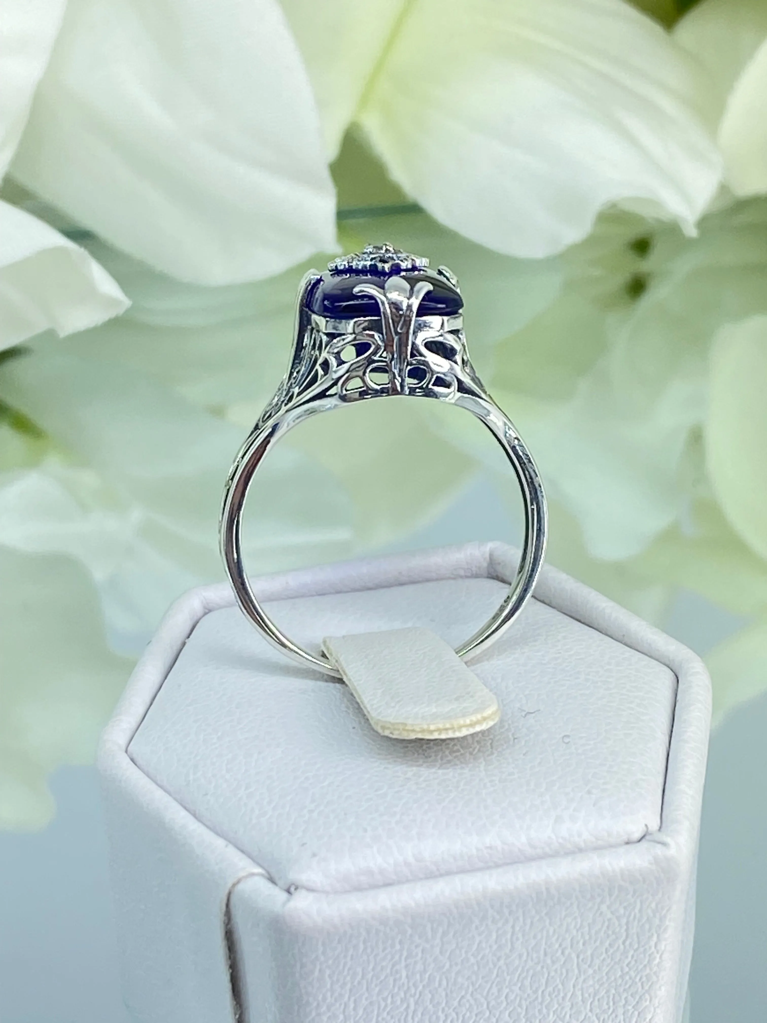 Grace Ring, Size 8.5, Sapphire Blue Glass with CZ inset, Edwardian Style Jewelry #D233 - Ready to Ship