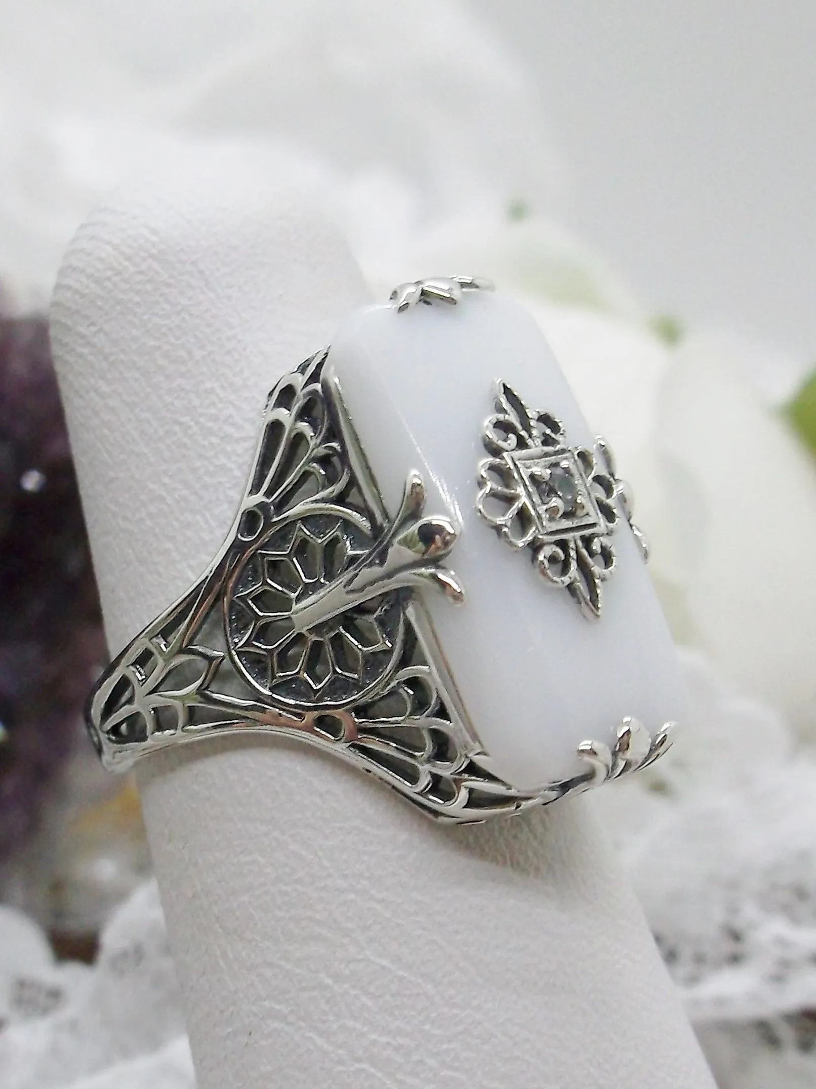 Grace Ring, Snow White Glass, Edwardian Style Jewelry #D233