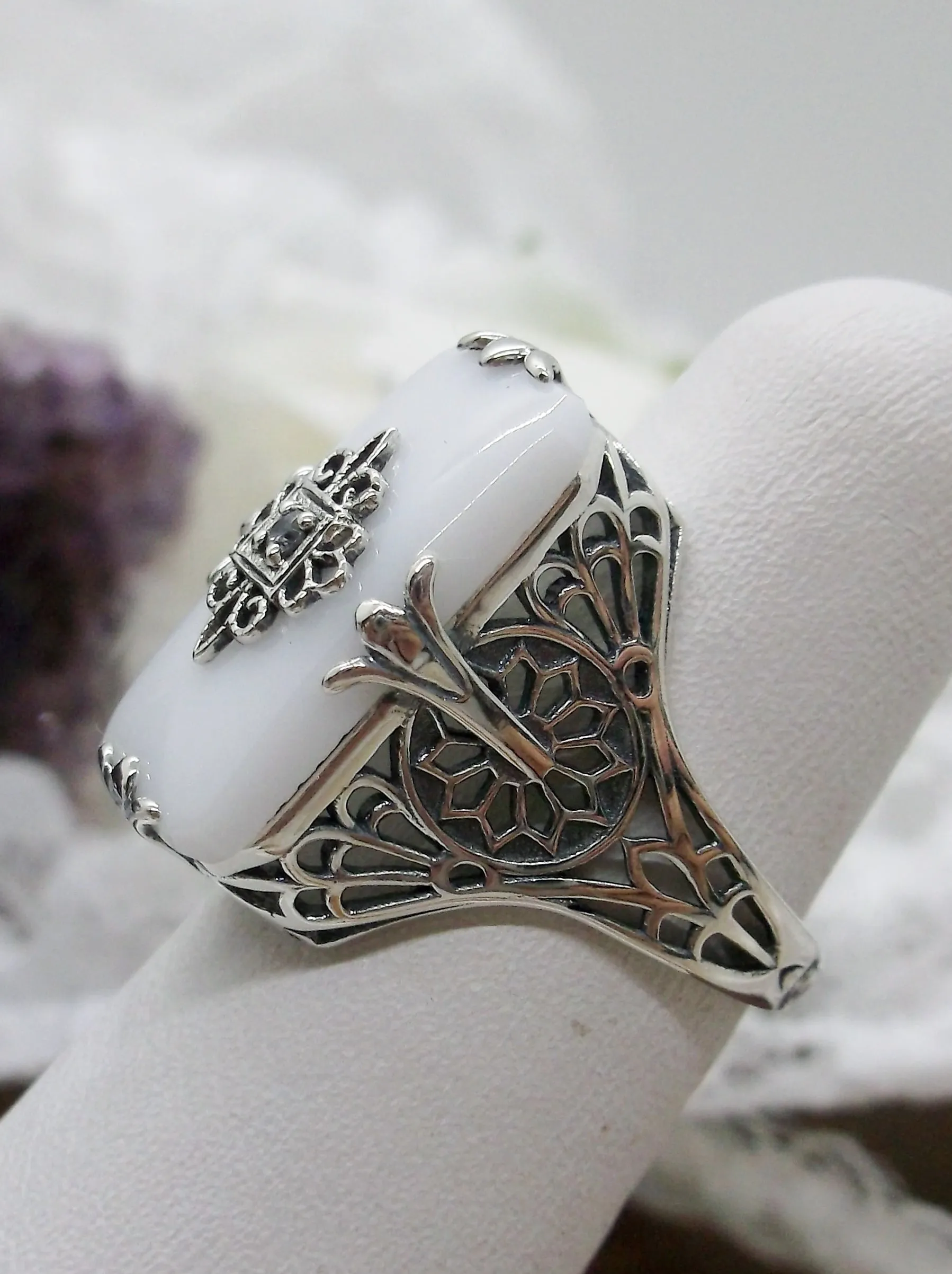 Grace Ring, Snow White Glass, Edwardian Style Jewelry #D233