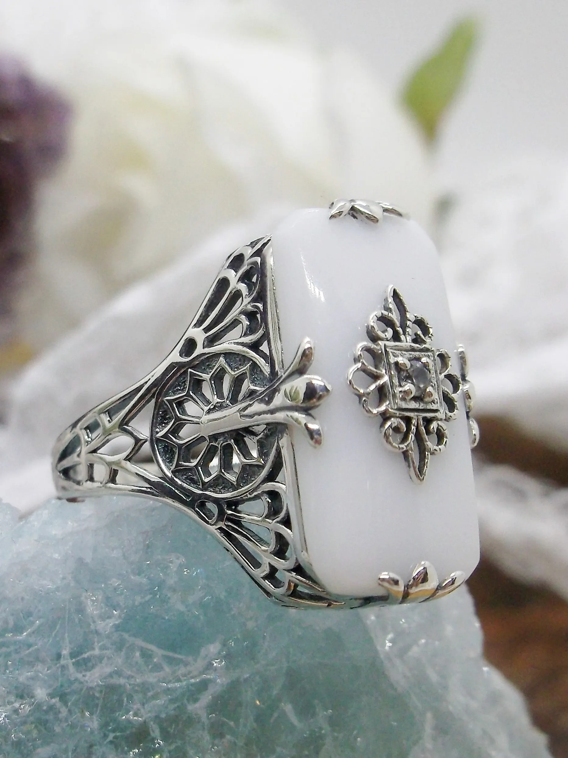 Grace Ring, Snow White Glass, Edwardian Style Jewelry #D233