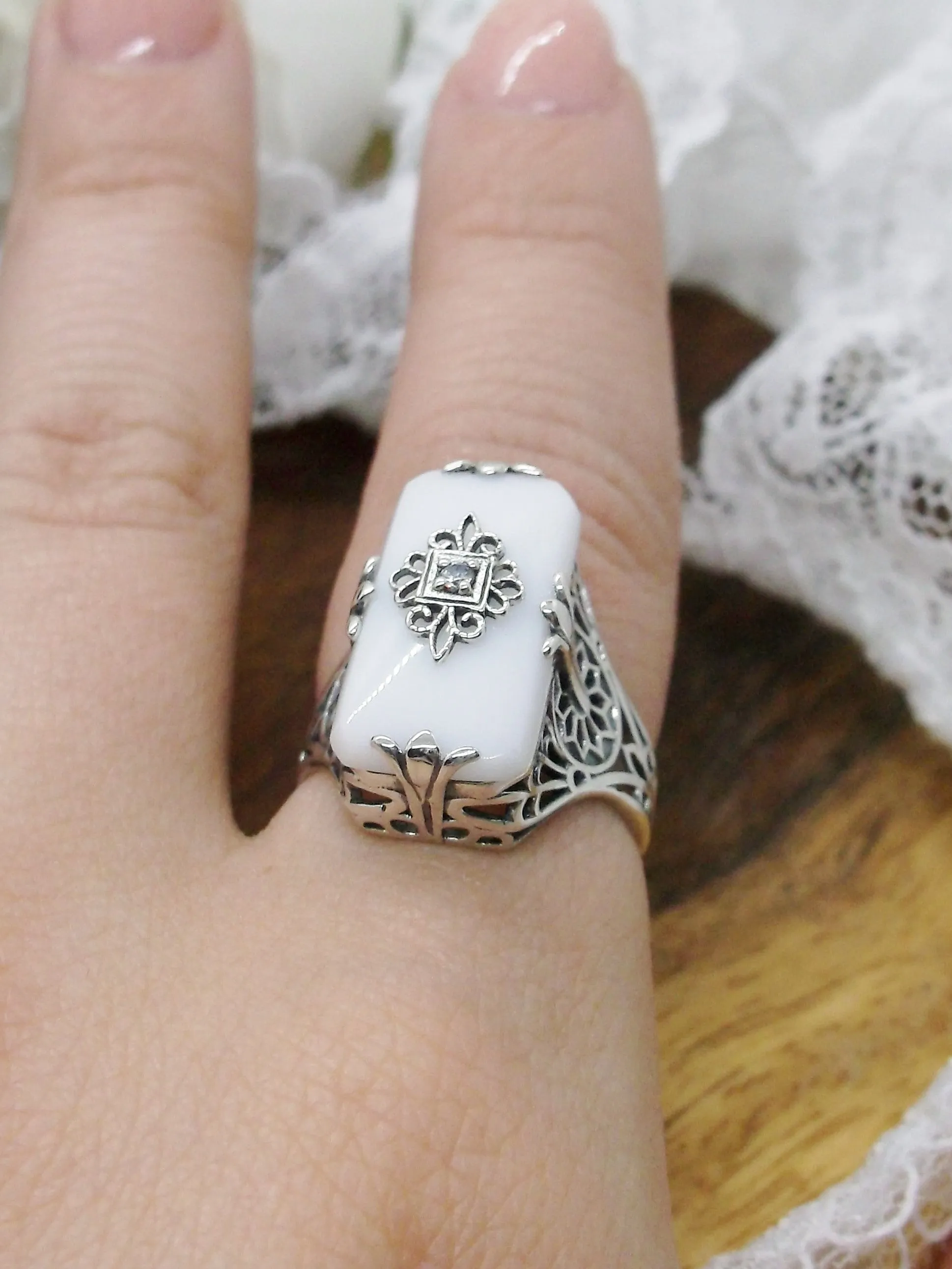 Grace Ring, Snow White Glass, Edwardian Style Jewelry #D233