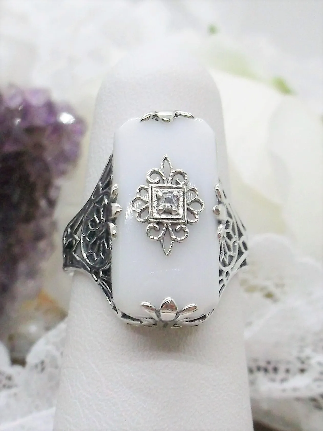 Grace Ring, Snow White Glass, Edwardian Style Jewelry #D233