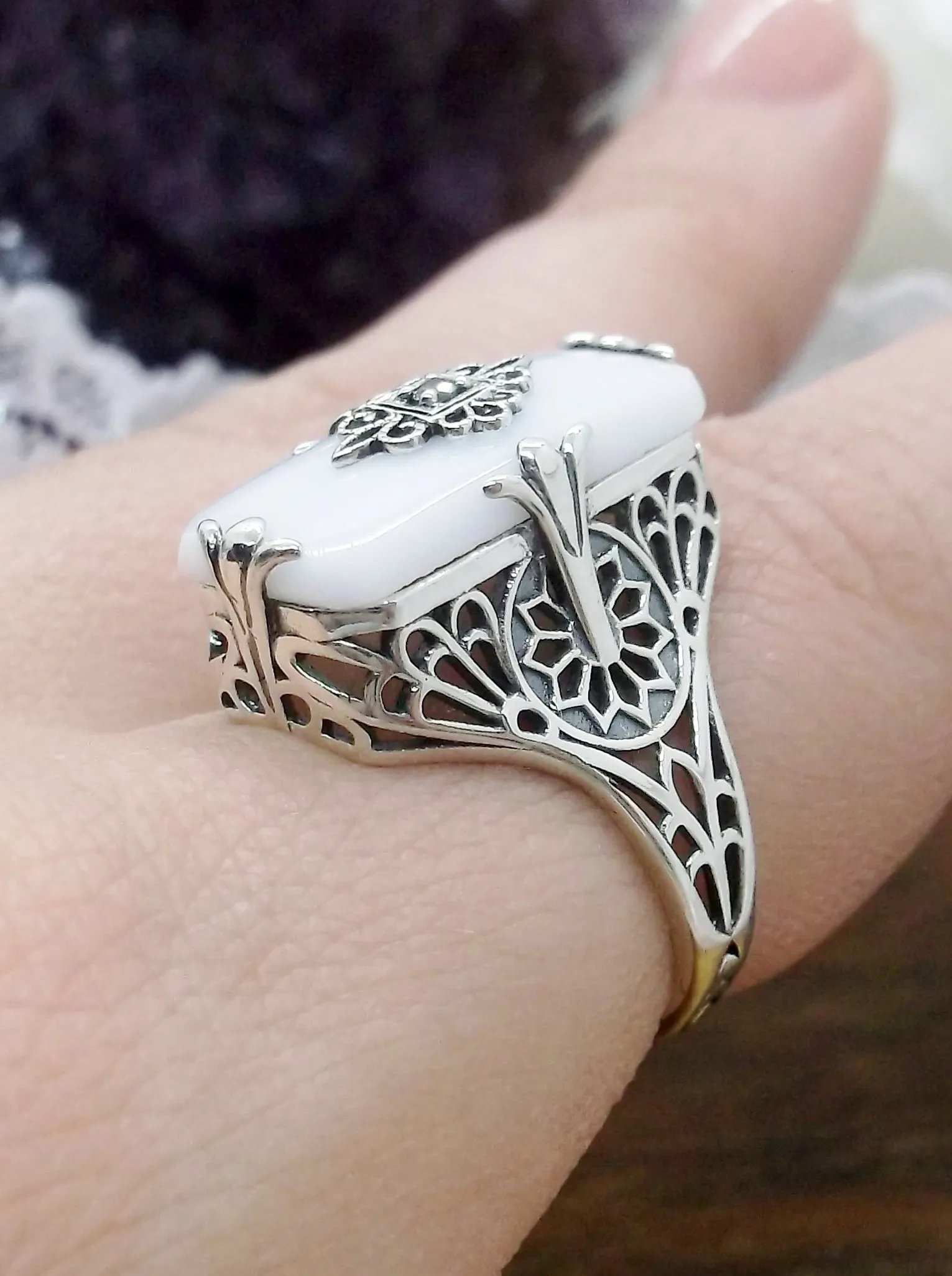Grace Ring, Snow White Glass, Edwardian Style Jewelry #D233