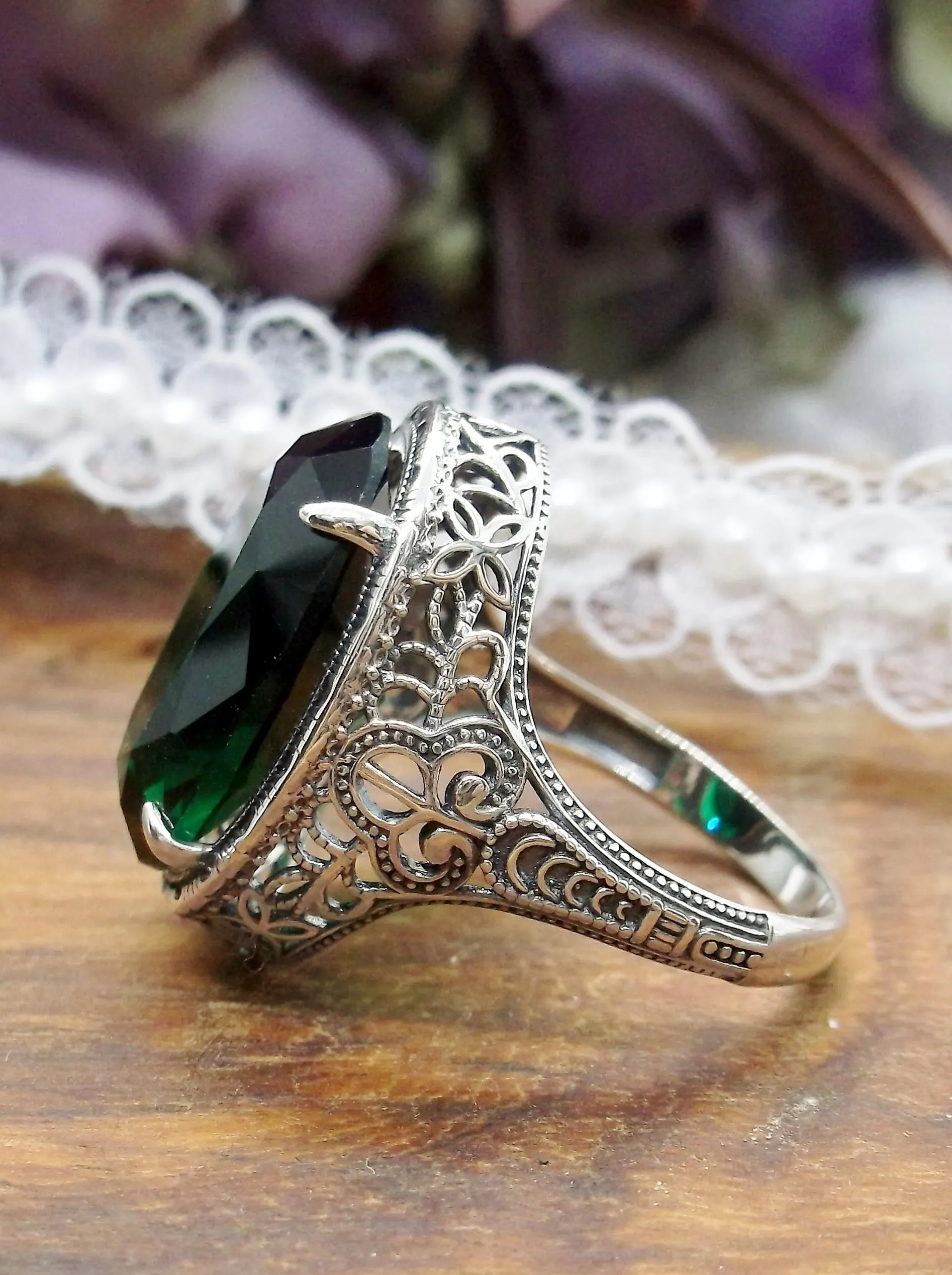 Green Emerald Ring, Art Deco Vintage Revival Jewelry #D230