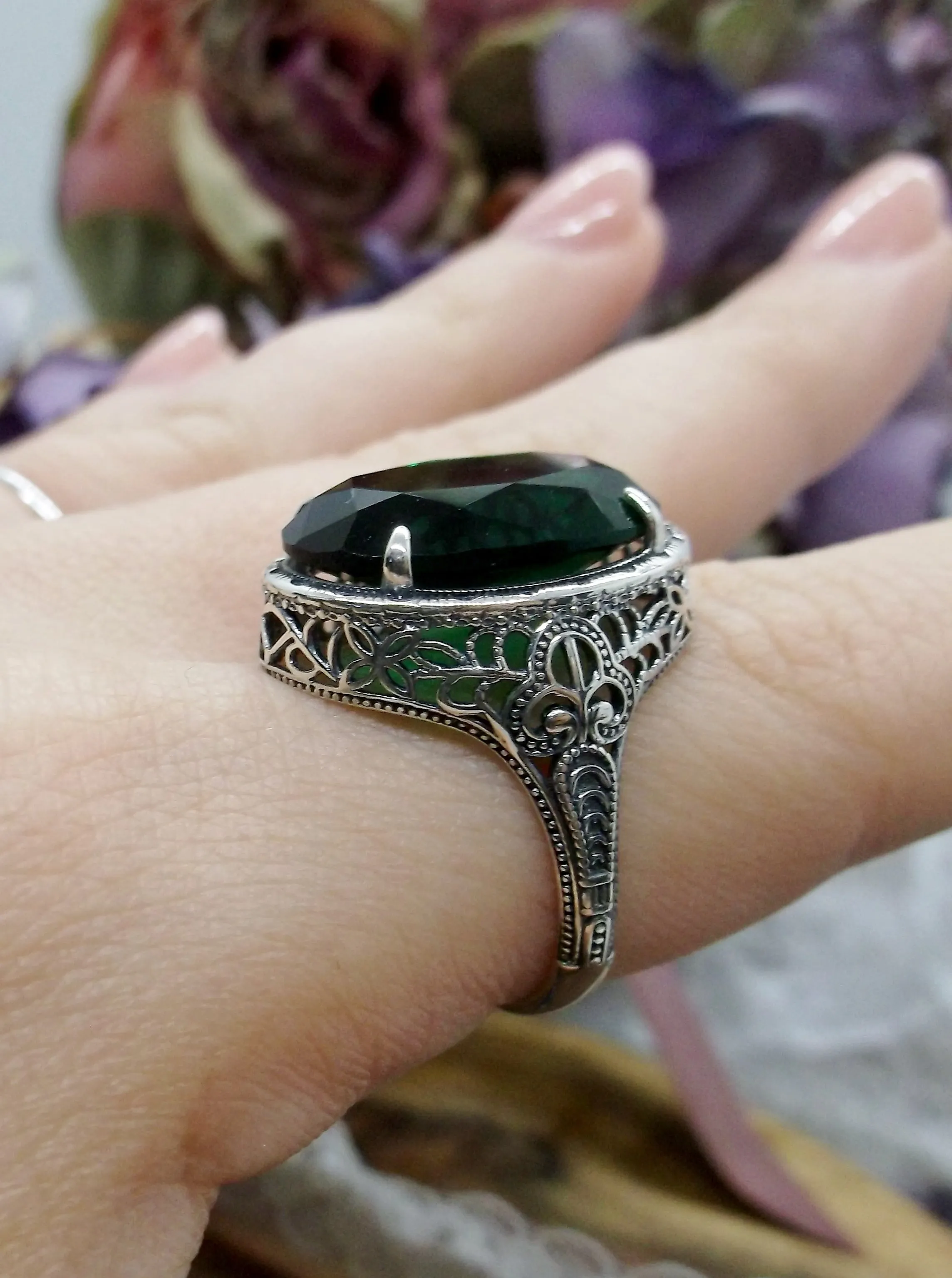 Green Emerald Ring, Art Deco Vintage Revival Jewelry #D230
