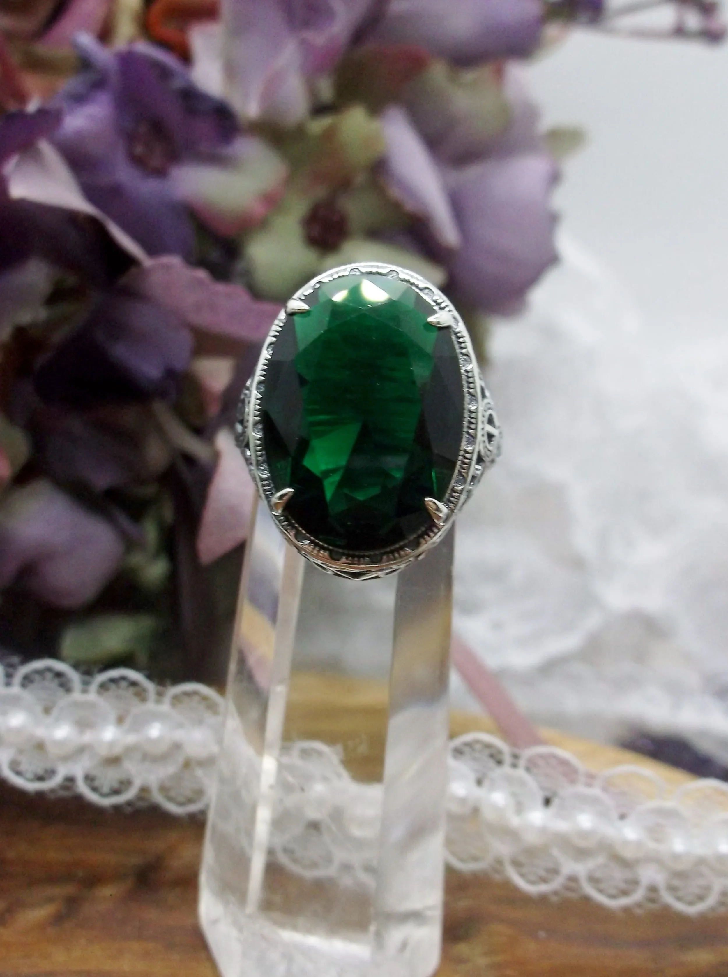 Green Emerald Ring, Art Deco Vintage Revival Jewelry #D230